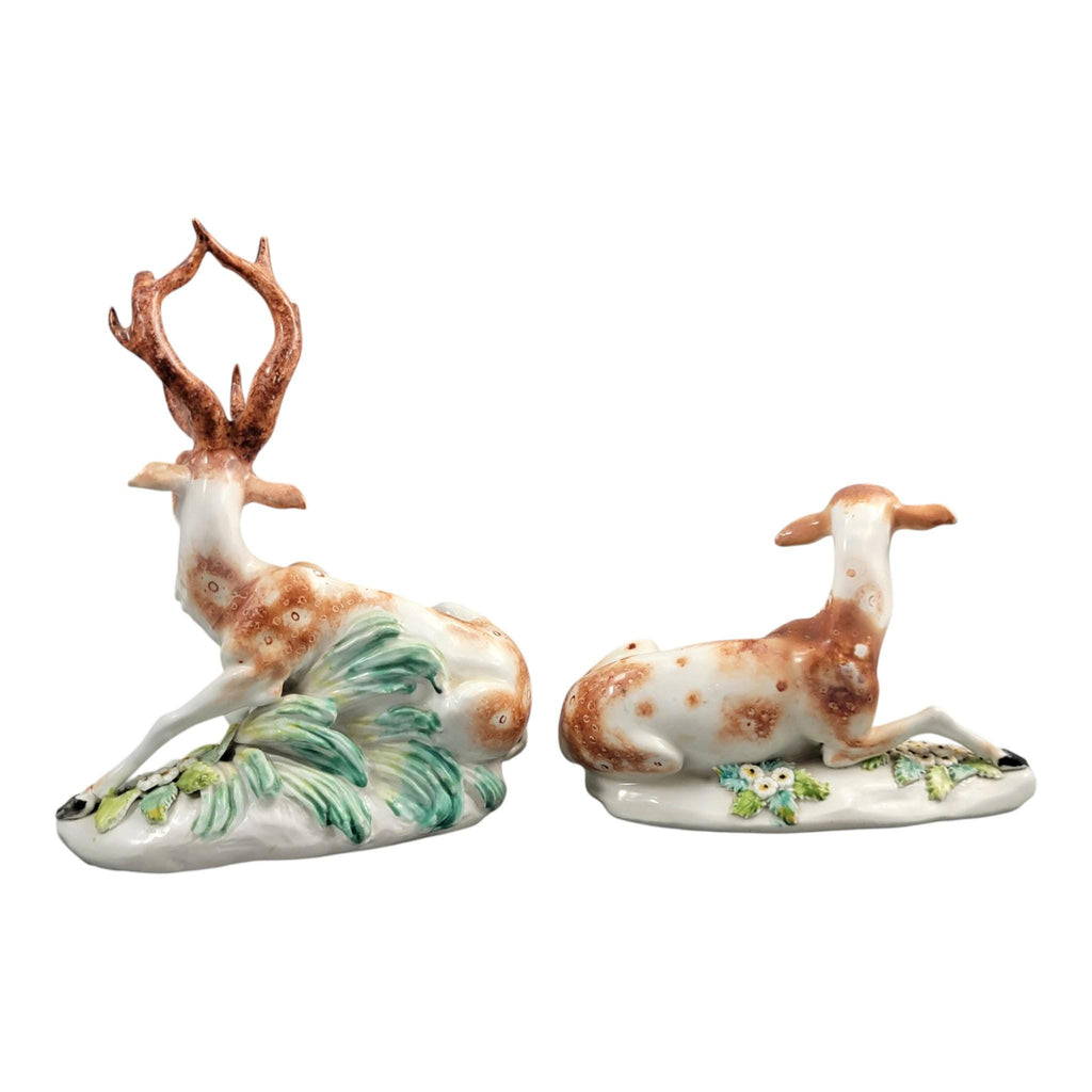 Rare Derby porcelain deer pair “Stag and Doe at Lodge”, c.1765–1770