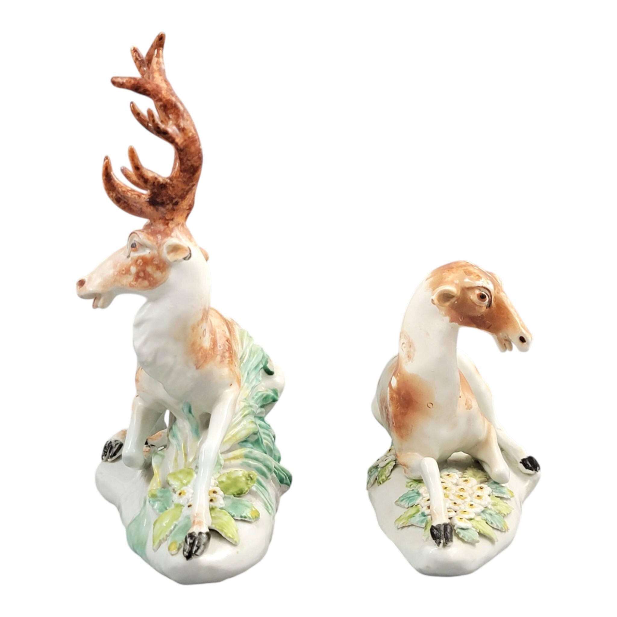 Rare Derby porcelain deer pair “Stag and Doe at Lodge”, c.1765–1770