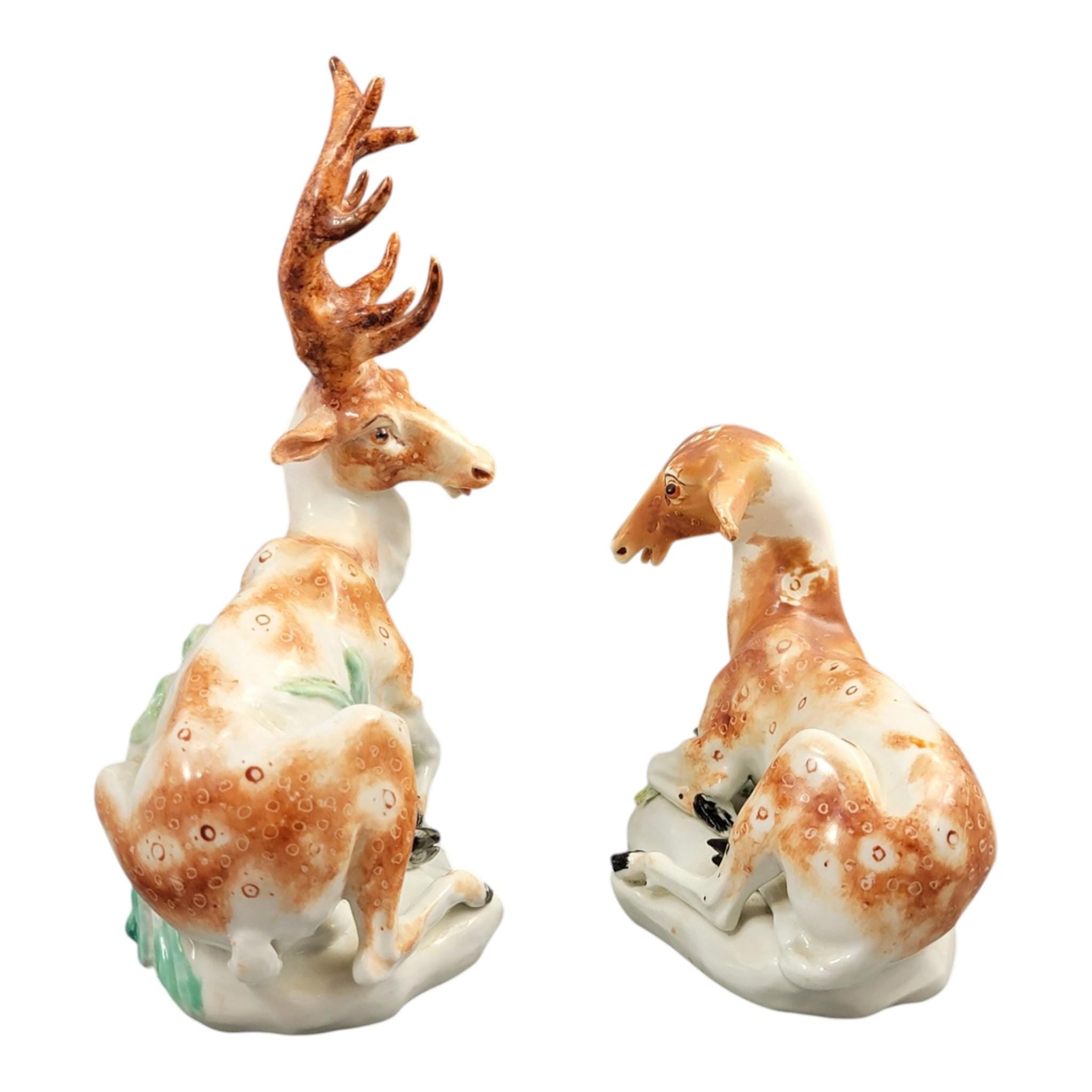 Rare Derby porcelain deer pair “Stag and Doe at Lodge”, c.1765–1770