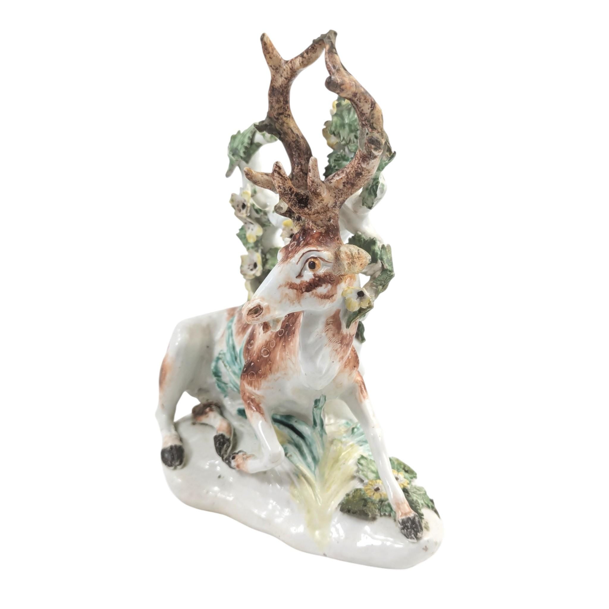 Antique English Derby porcelain stag, 18th century deer figure with bocage