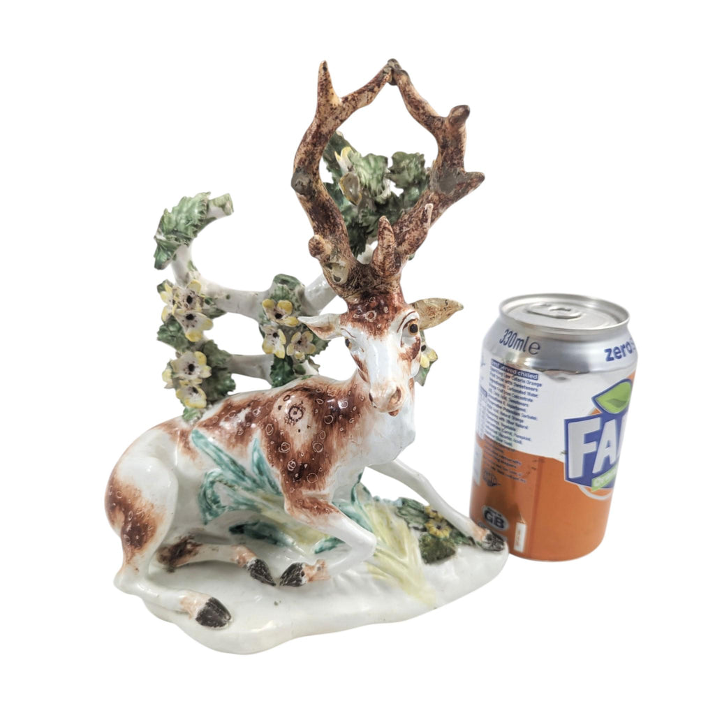 Antique English Derby porcelain stag, 18th century deer figure with bocage