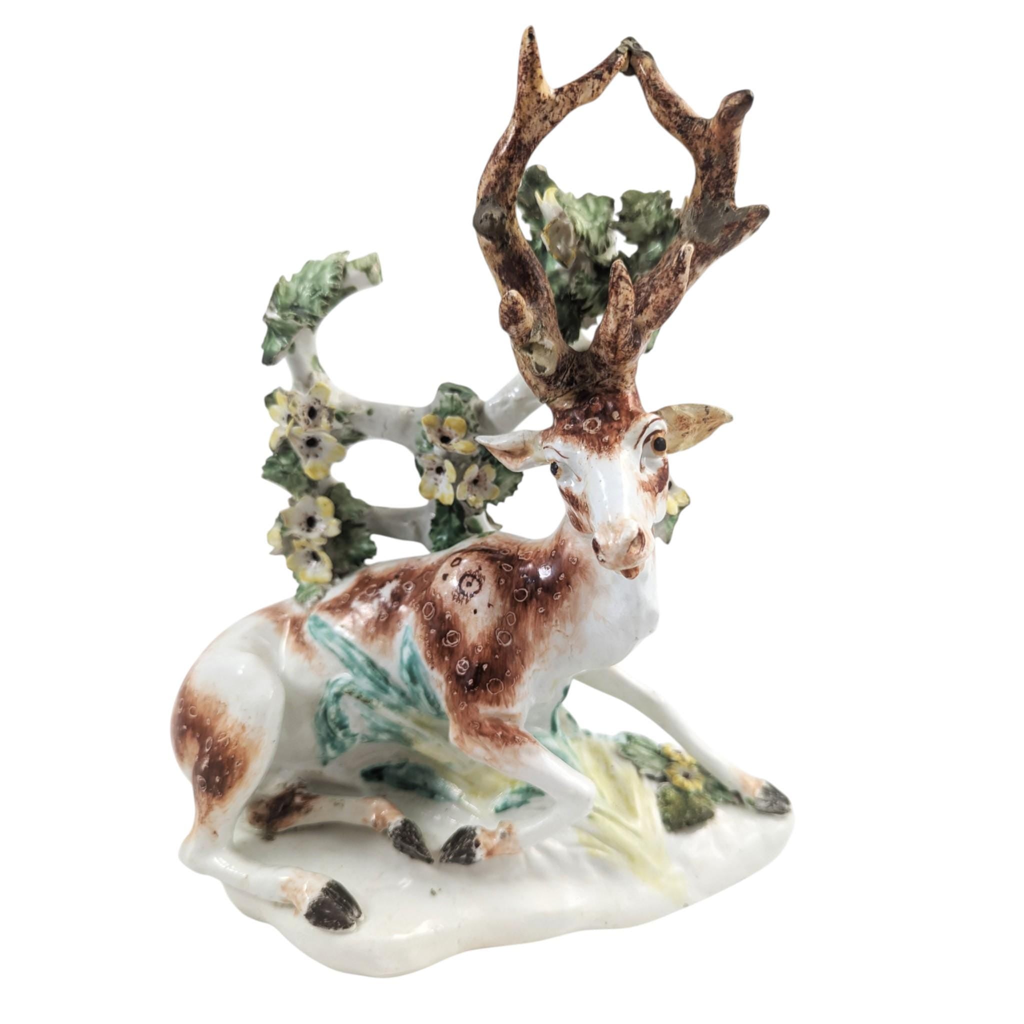 Antique English Derby porcelain stag, 18th century deer figure with bocage