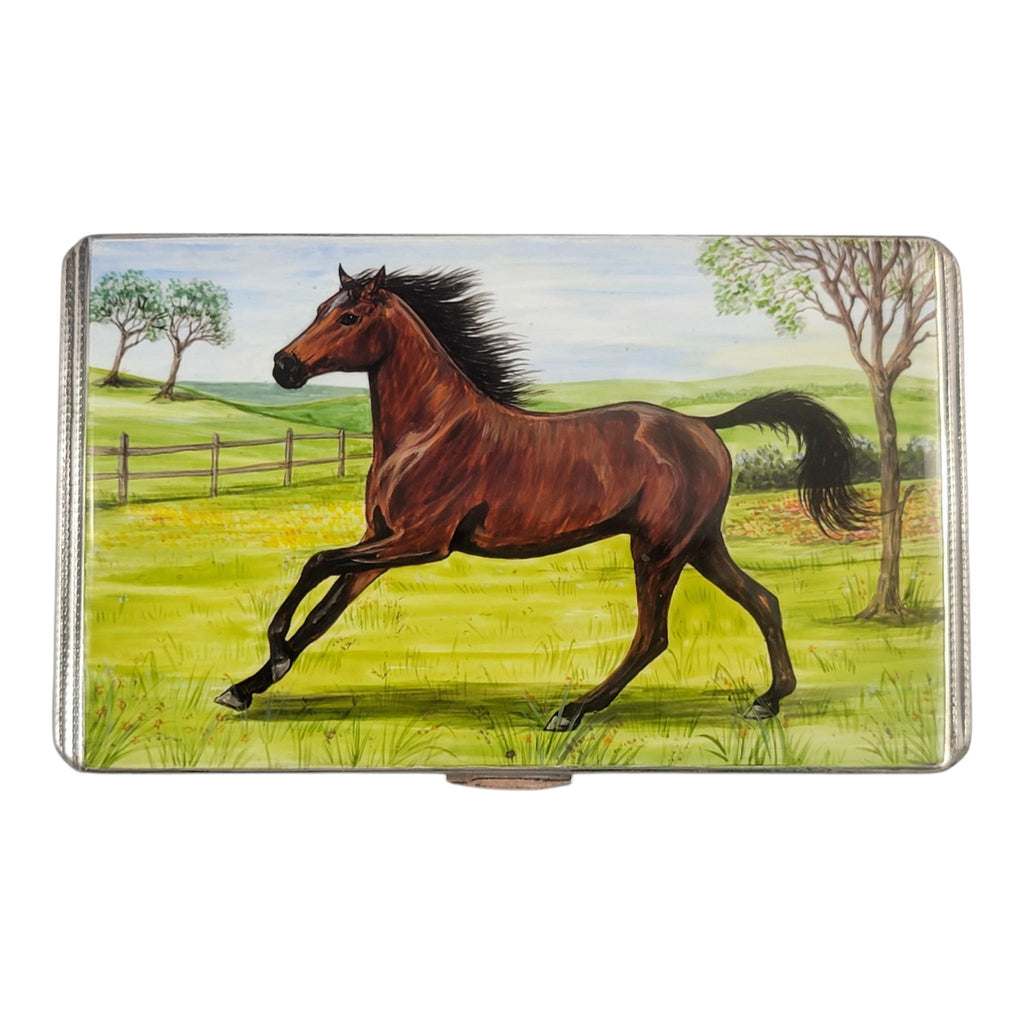 Antique Sterling Silver Cigarette Case with Original Enamel Horse, Birmingham 1917