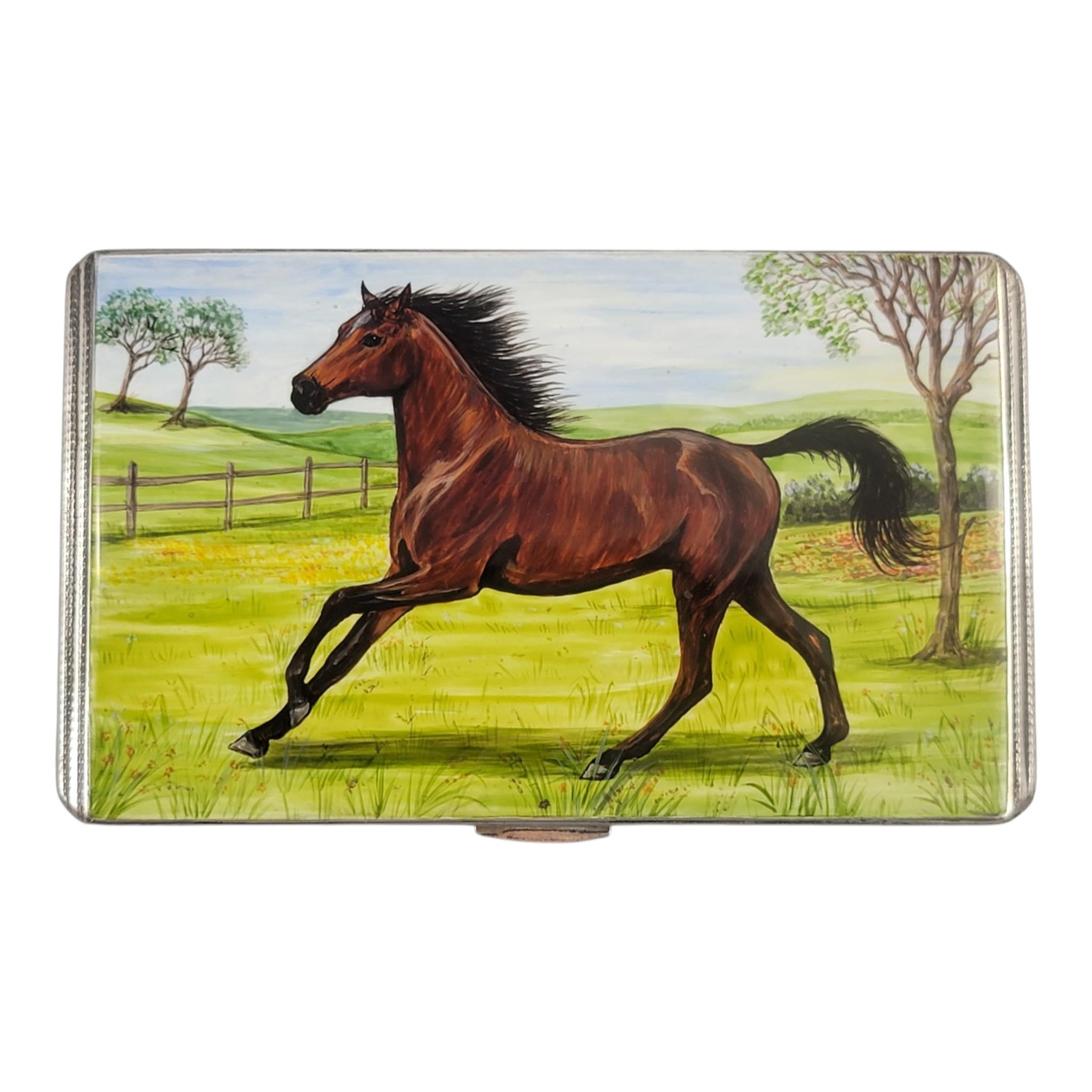 Antique Sterling Silver Cigarette Case with Original Enamel Horse, Birmingham 1917