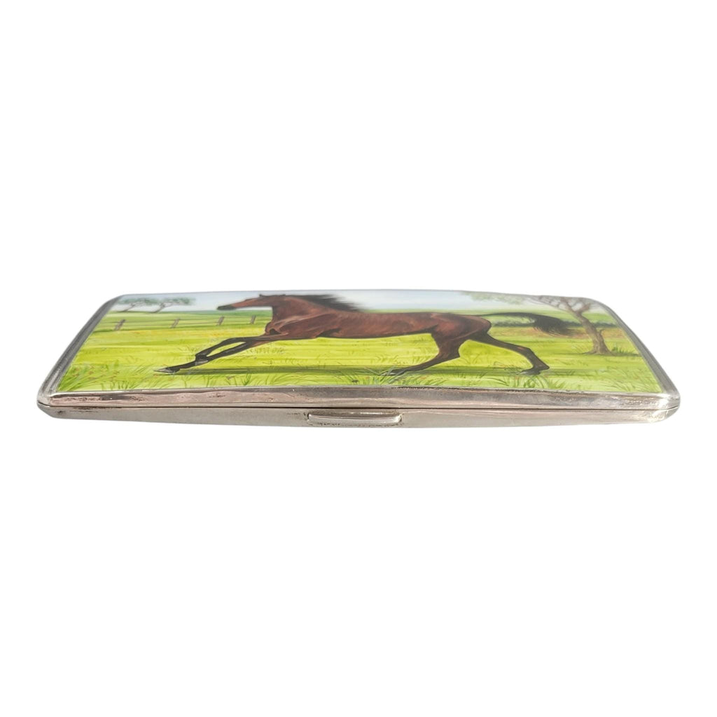 Antique Sterling Silver Cigarette Case with Original Enamel Horse, Birmingham 1917