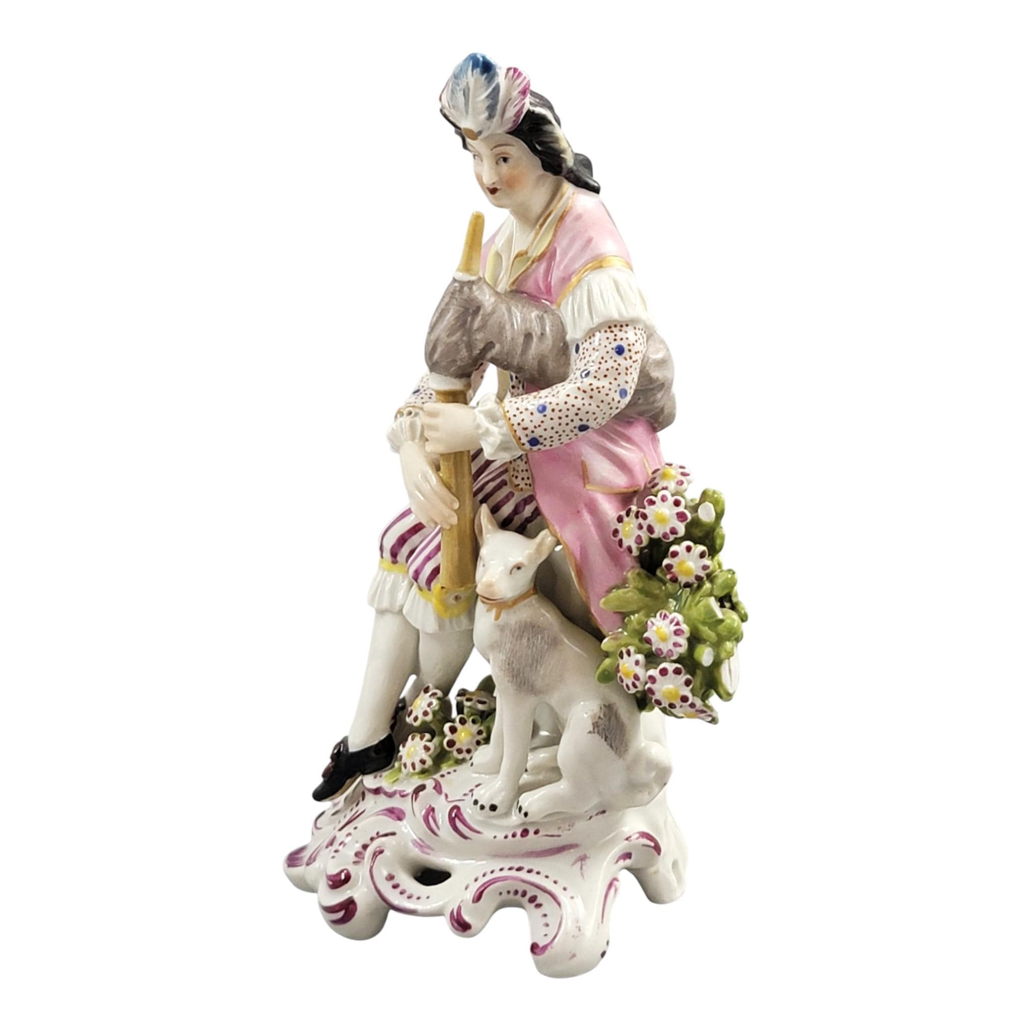 Rare Derby porcelain figure seated bagpiper dog, model 301, c. 1760