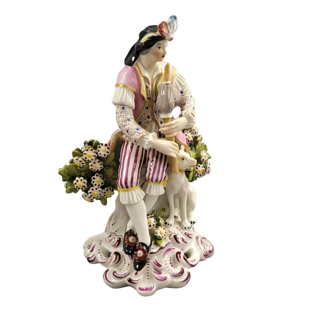 Rare Derby porcelain figure seated bagpiper dog, model 301, c. 1760