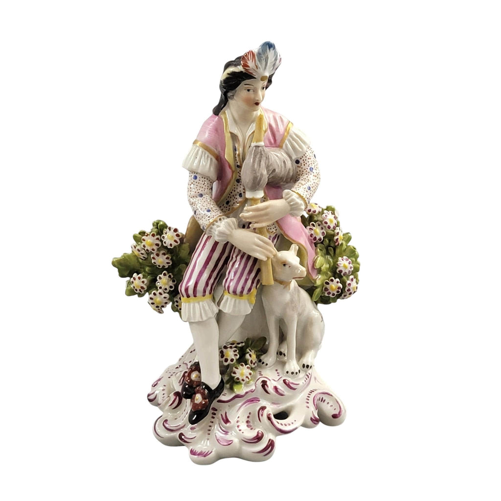Rare Derby porcelain figure seated bagpiper dog, model 301, c. 1760