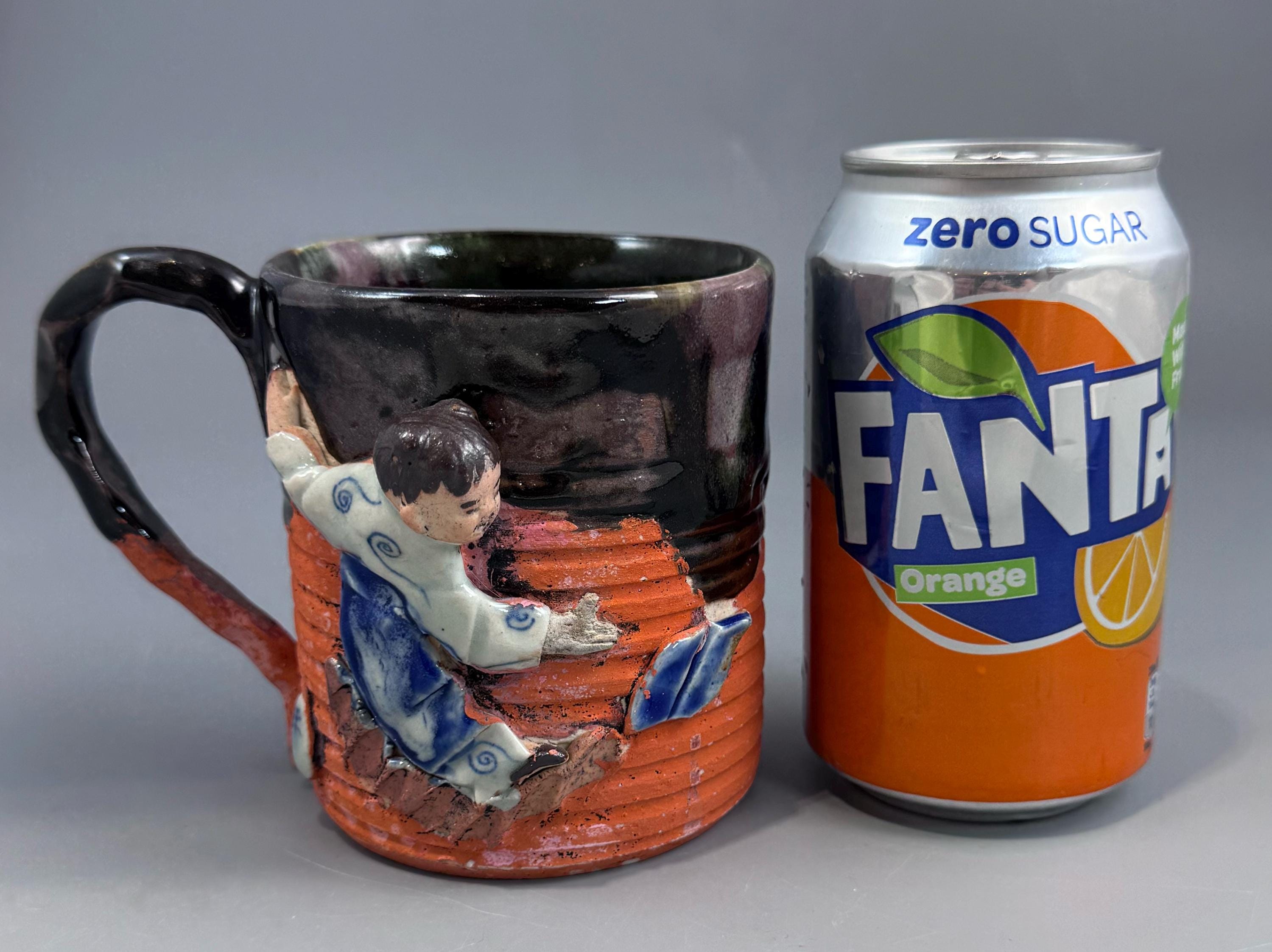 Japanese Sumida Gawa Mug with Applied Karako Figure, Signed Kōko — Meiji / Early Taishō Period