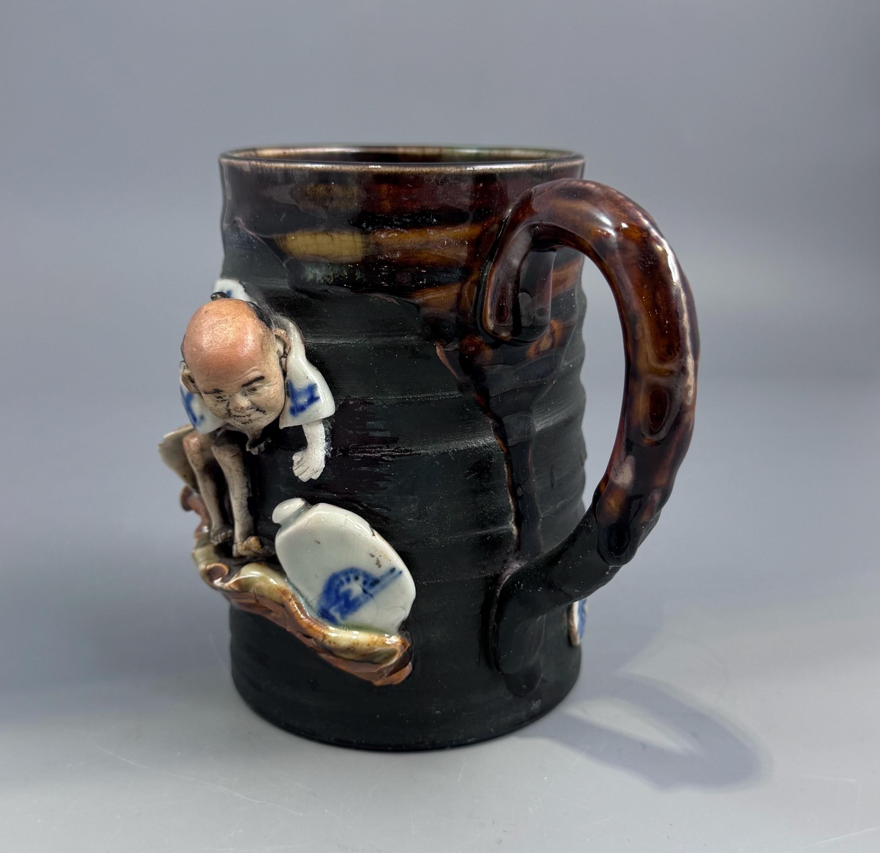 Large Sumida Gawa Mug with Applied Sennin Figure, Signed Ryosai — Inoue Ryosai Workshop, Meiji / Taisho Period