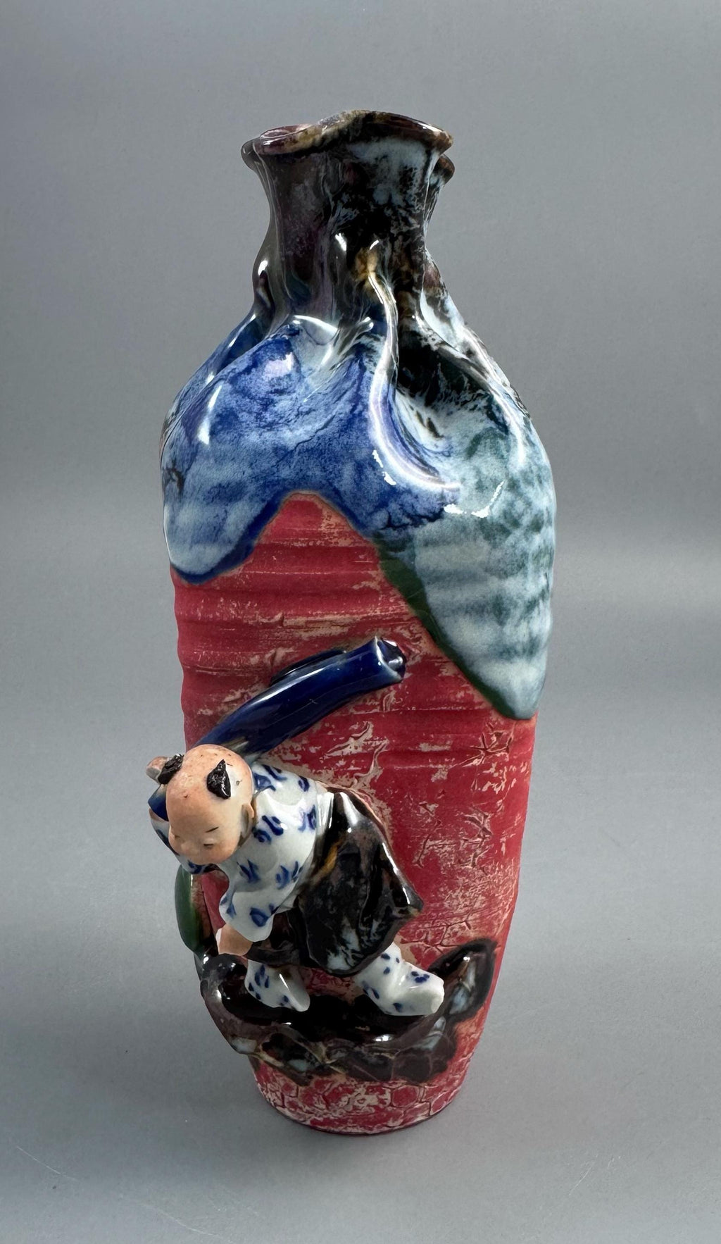 Japanese Sumida Gawa Baluster Vase with Applied Karako Figure, Signed Kōko — Meiji / Early Taisho Period