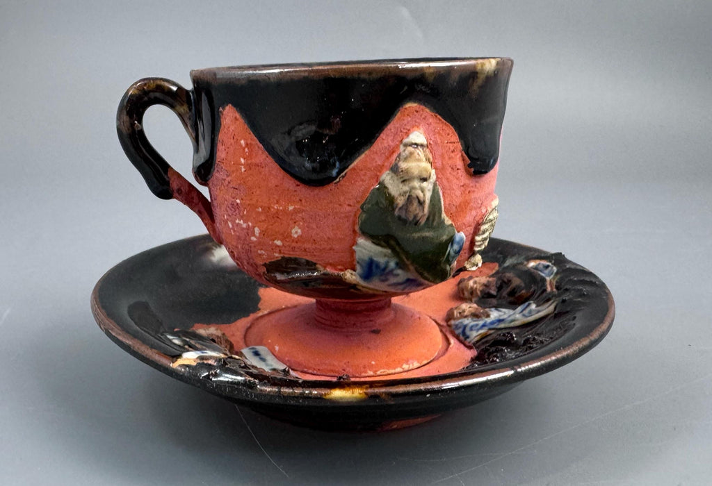 Japanese Sumida Gawa Cup and Saucer with Applied Sage Figures, Attributed to Ishiguro Kōko — Meiji / Early Taishō Period