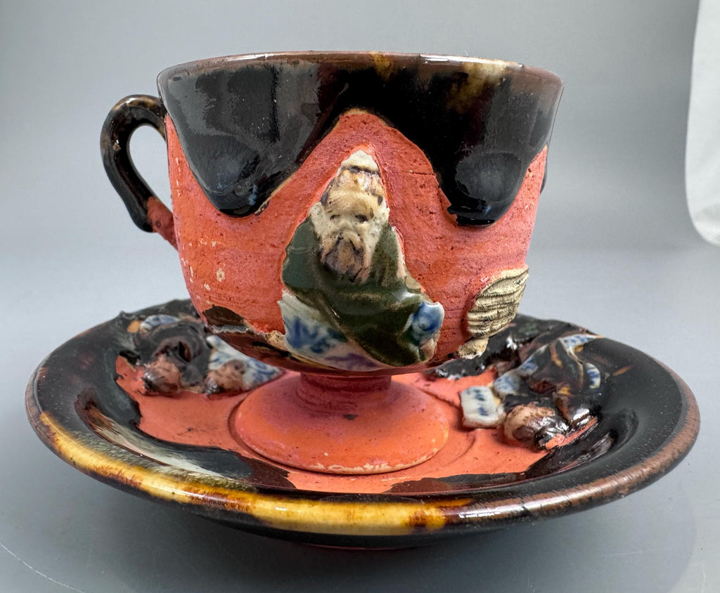 Japanese Sumida Gawa Cup and Saucer with Applied Sage Figures, Attributed to Ishiguro Kōko — Meiji / Early Taishō Period