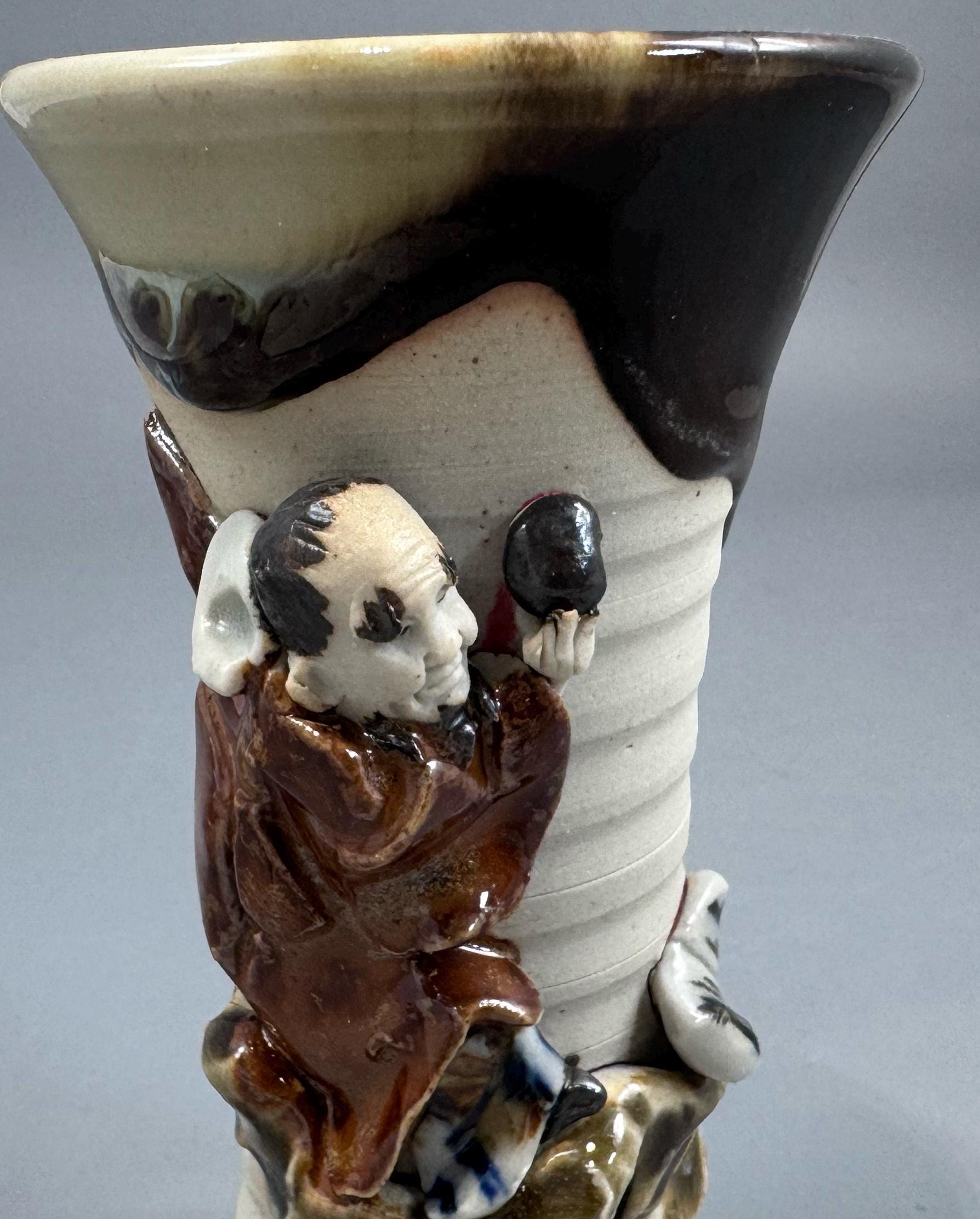 Sumida Gawa Stoneware Vase with Applied Rakan Figure, Signed Ryōsai, Meiji–Taishō Period
