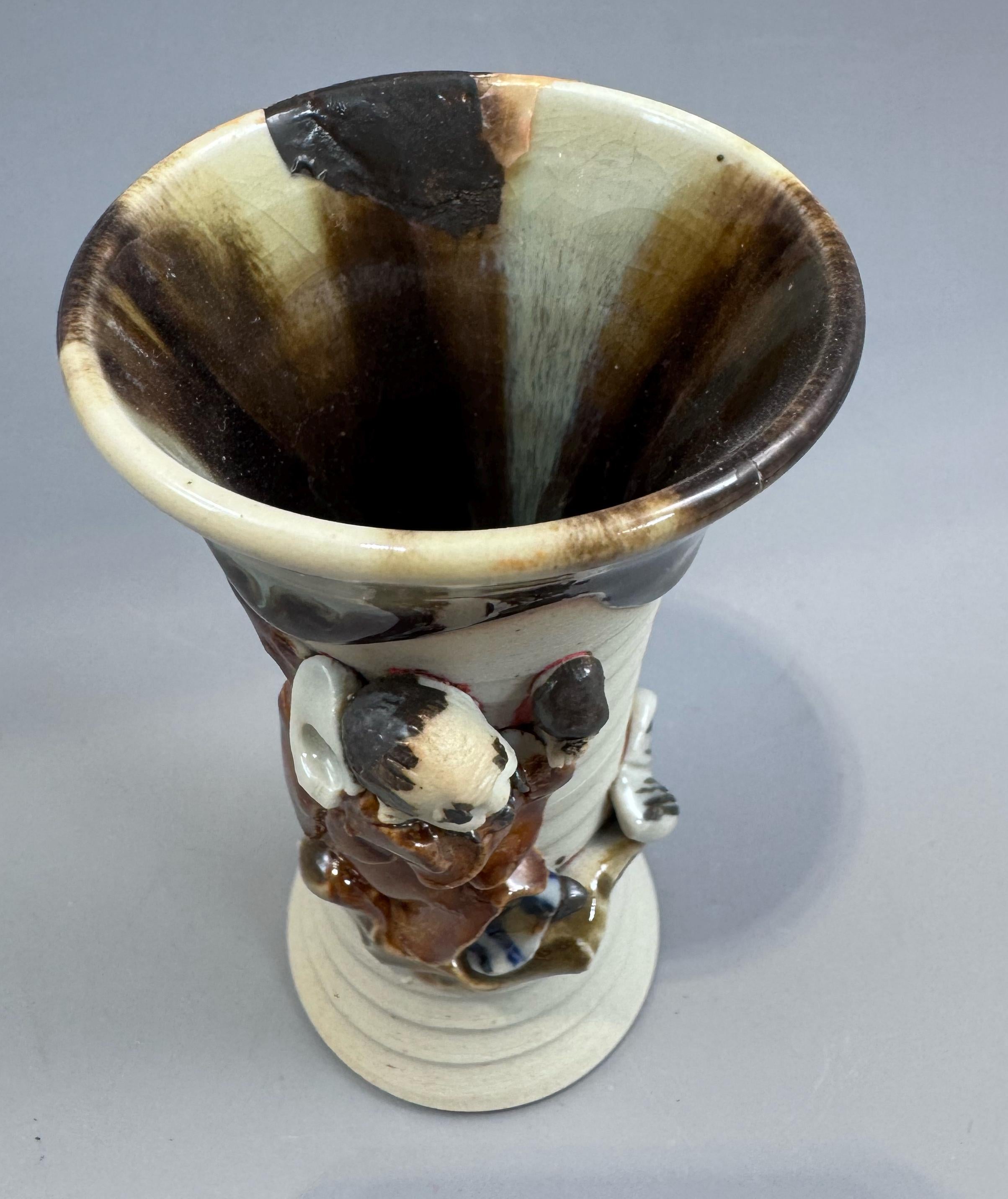 Sumida Gawa Stoneware Vase with Applied Rakan Figure, Signed Ryōsai, Meiji–Taishō Period
