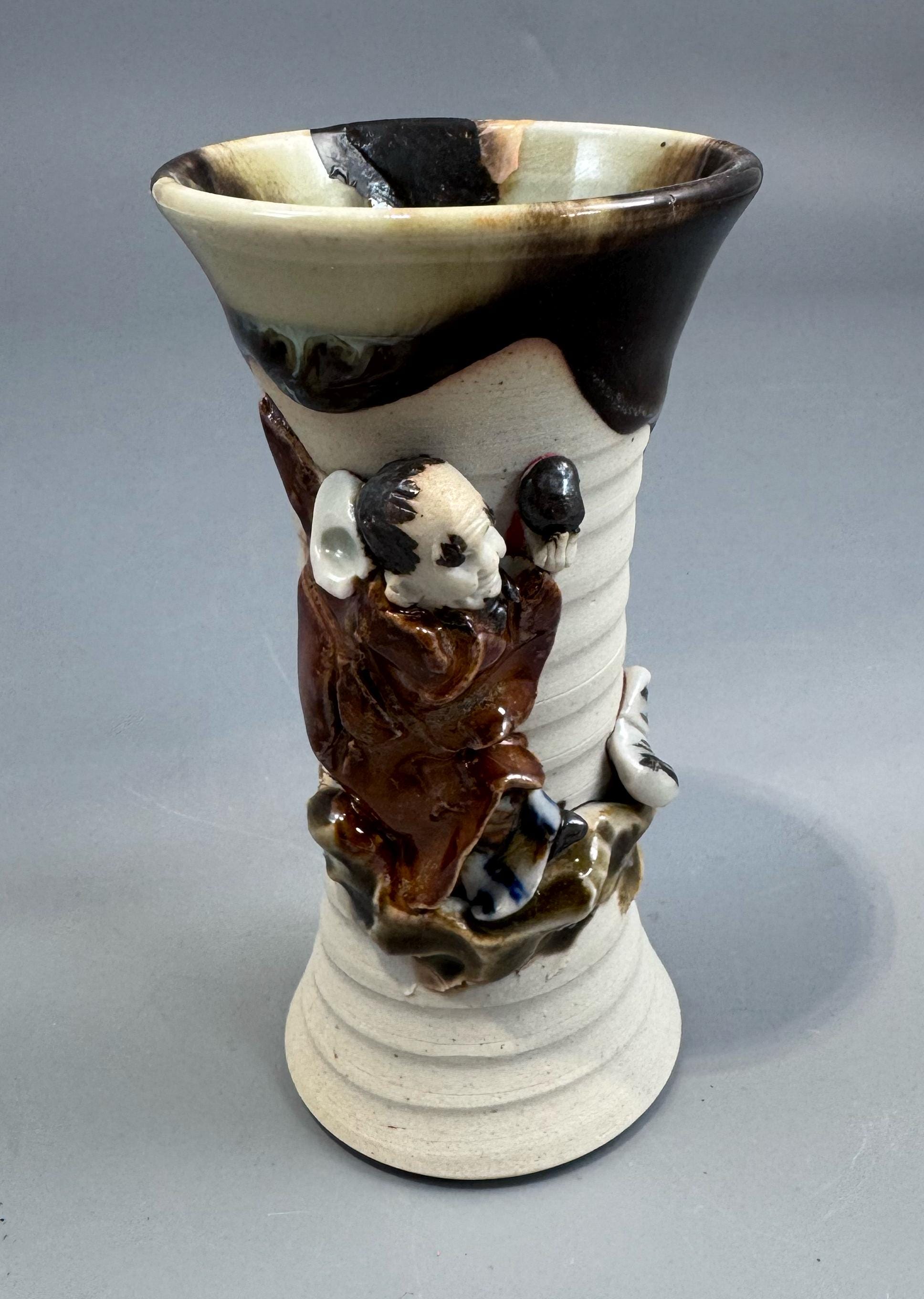 Sumida Gawa Stoneware Vase with Applied Rakan Figure, Signed Ryōsai, Meiji–Taishō Period