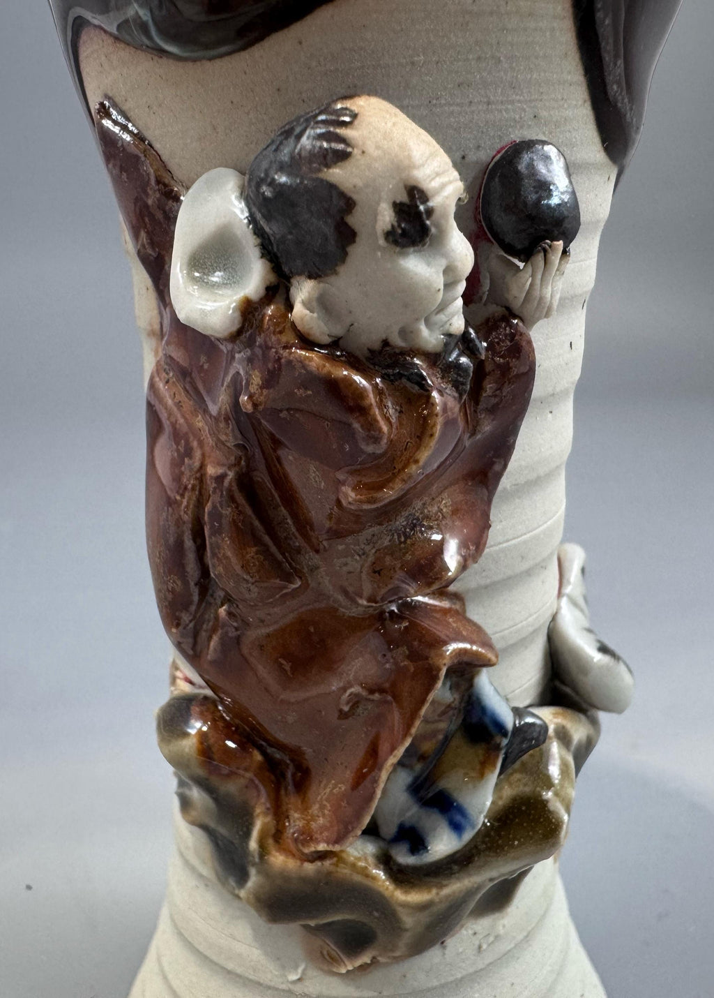 Sumida Gawa Stoneware Vase with Applied Rakan Figure, Signed Ryōsai, Meiji–Taishō Period