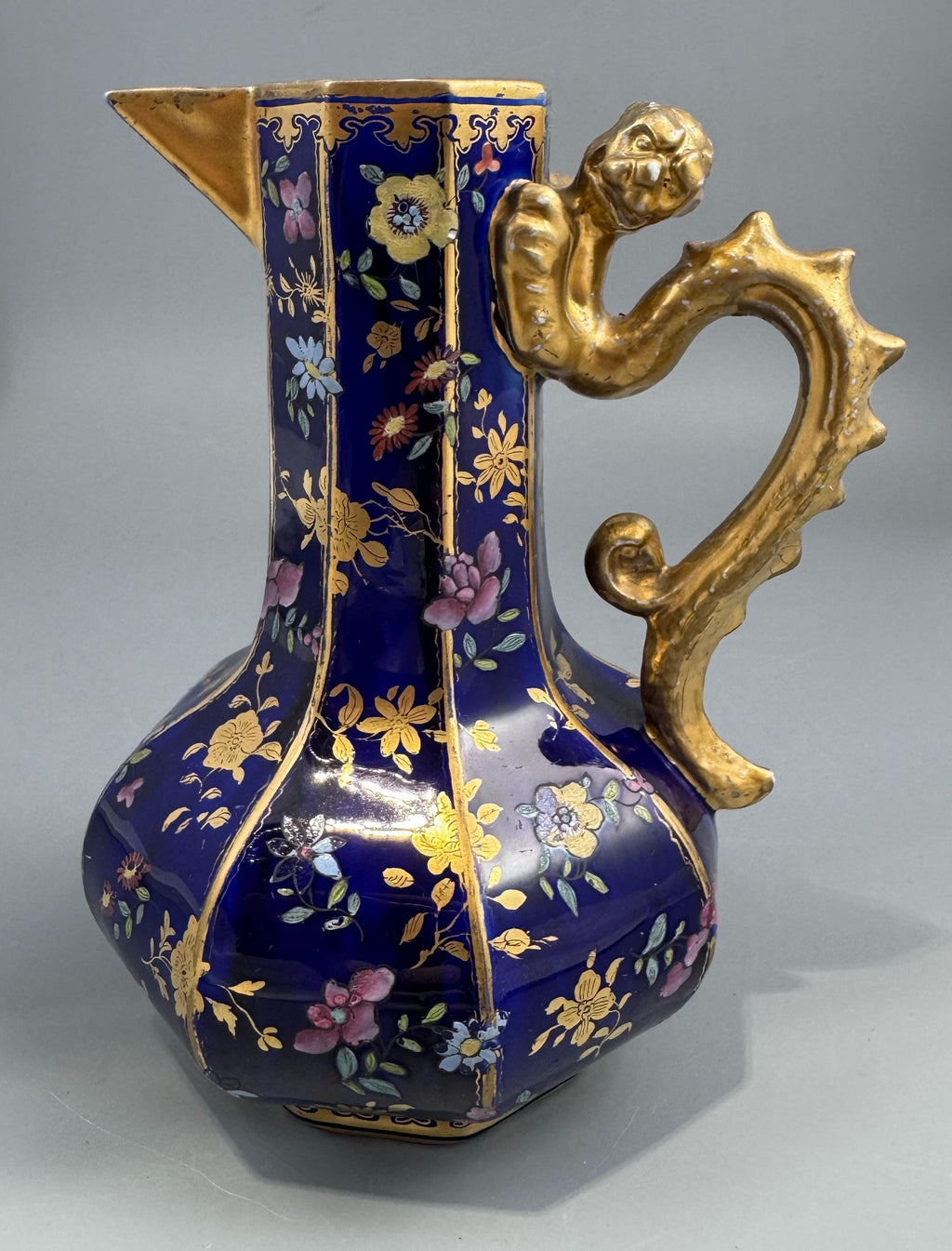 Mason's Ironstone Chinoiserie Ewer with Grotesque Handle, Cobalt Blue Ground, Early to Mid-19th Century