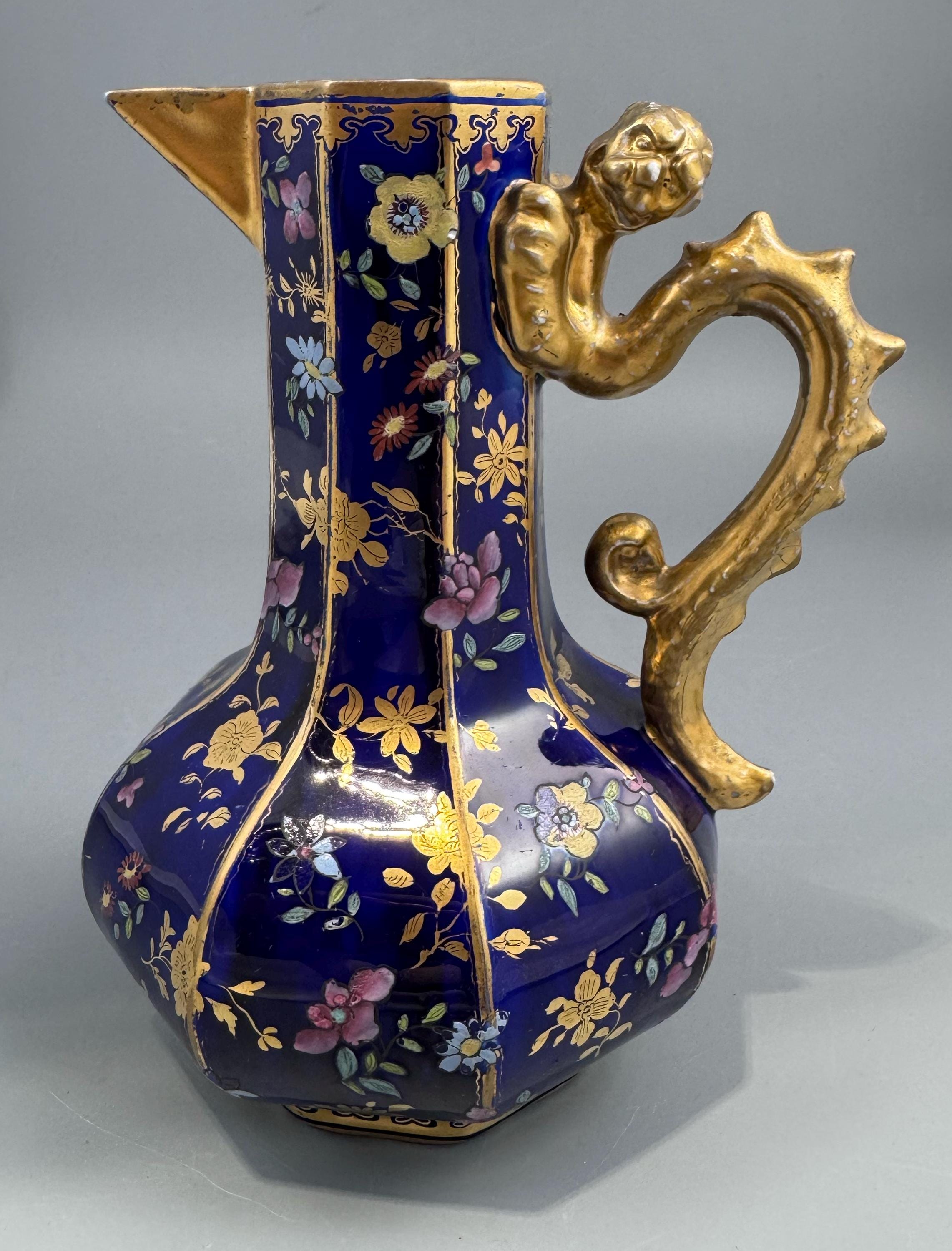 Mason's Ironstone Chinoiserie Ewer with Grotesque Handle, Cobalt Blue Ground, Early to Mid-19th Century