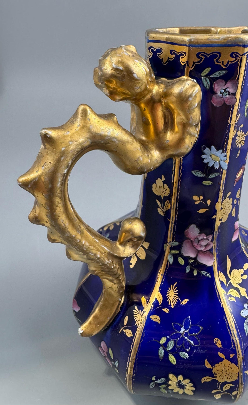 Mason's Ironstone Chinoiserie Ewer with Grotesque Handle, Cobalt Blue Ground, Early to Mid-19th Century