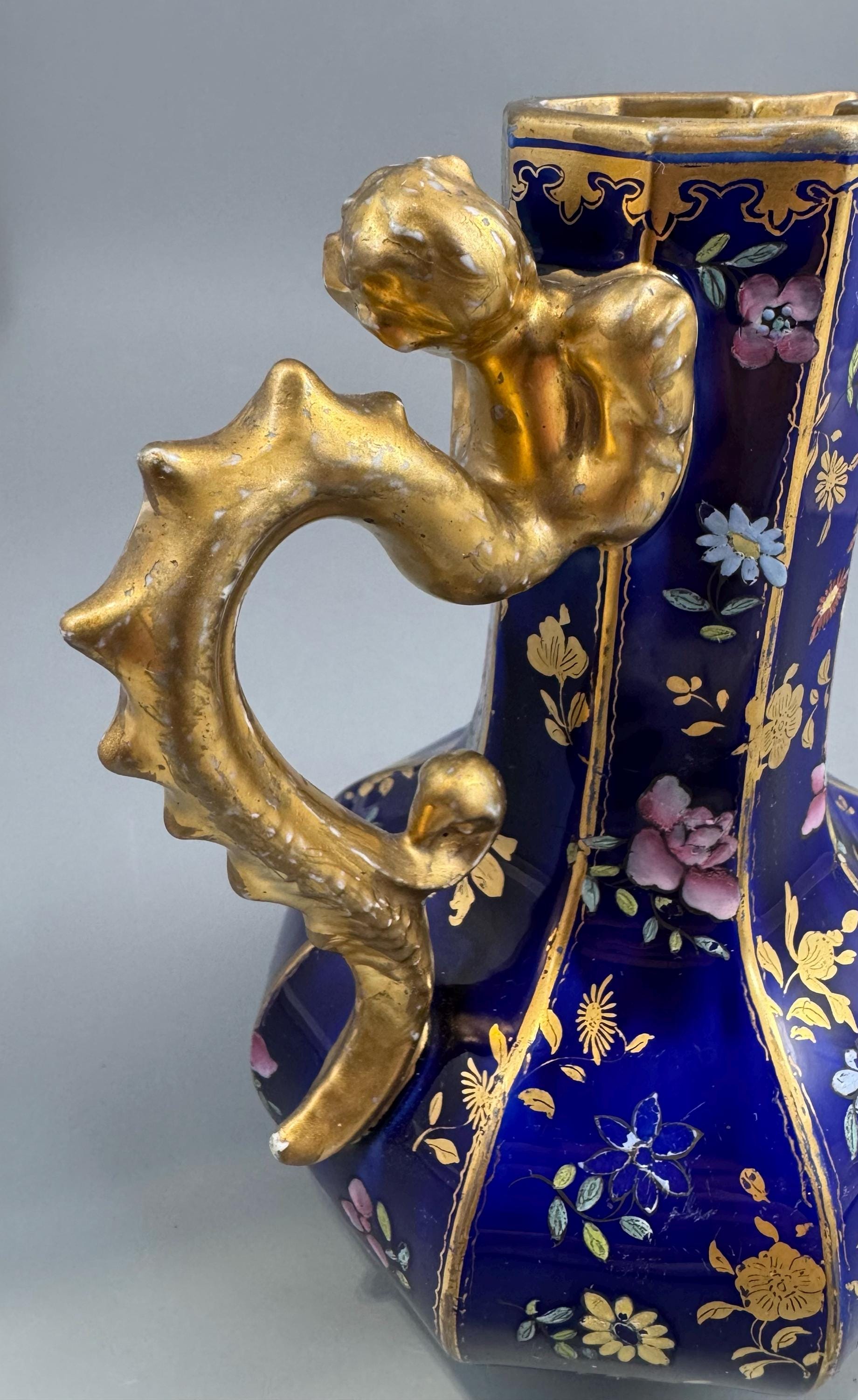 Mason's Ironstone Chinoiserie Ewer with Grotesque Handle, Cobalt Blue Ground, Early to Mid-19th Century