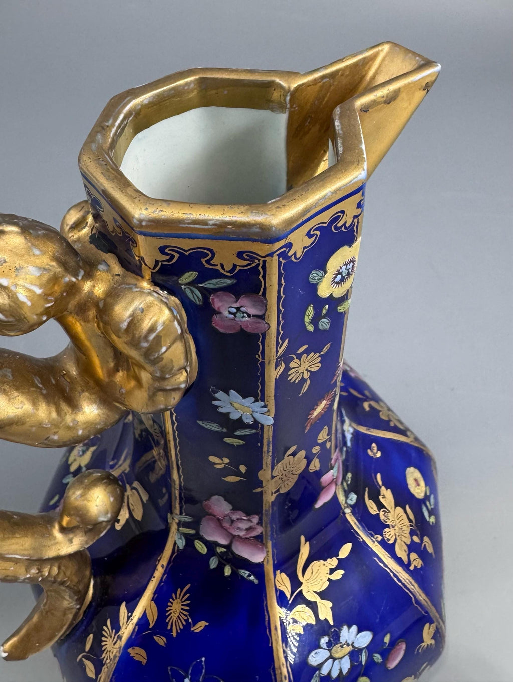 Mason's Ironstone Chinoiserie Ewer with Grotesque Handle, Cobalt Blue Ground, Early to Mid-19th Century
