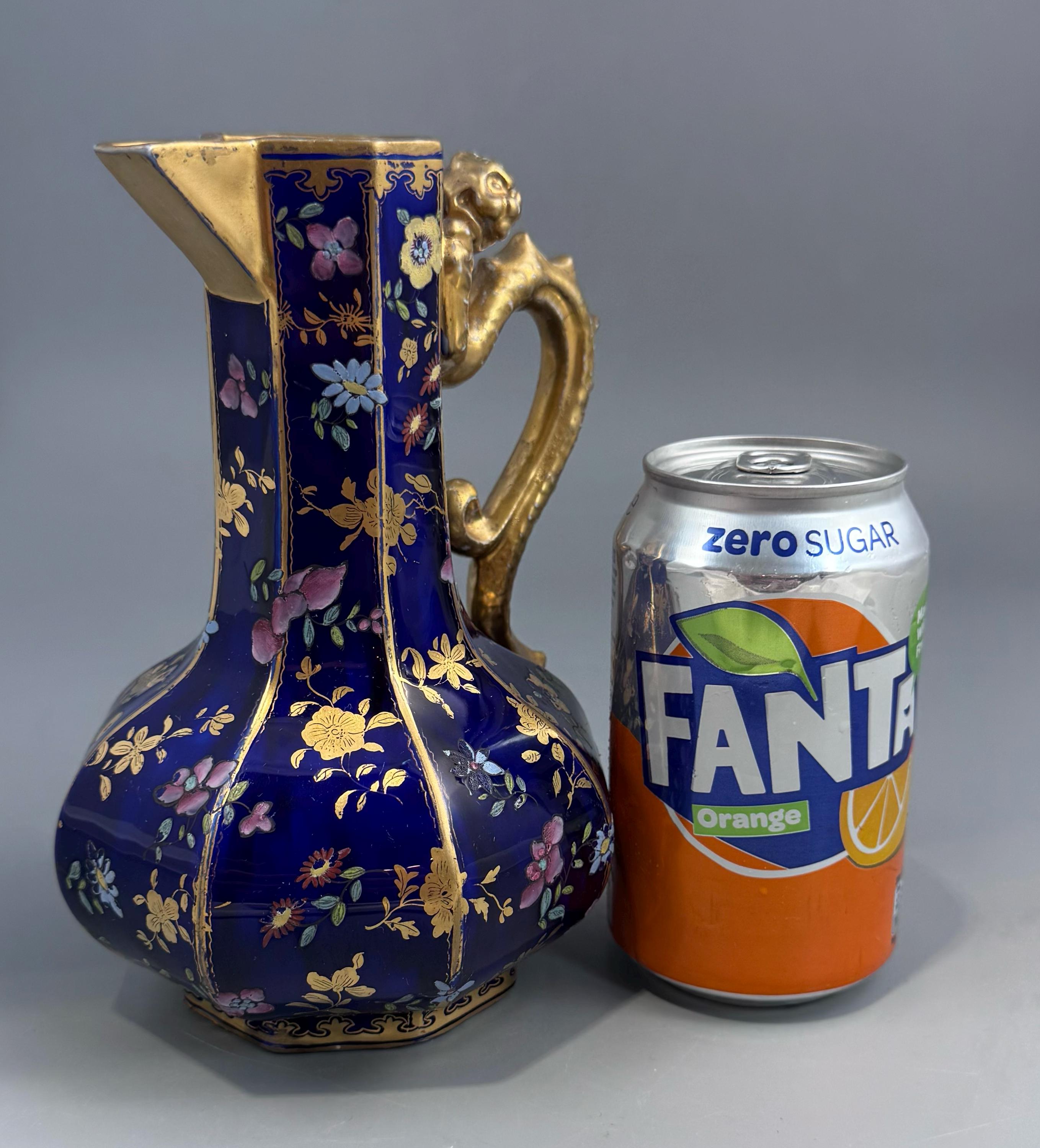 Mason's Ironstone Chinoiserie Ewer with Grotesque Handle, Cobalt Blue Ground, Early to Mid-19th Century