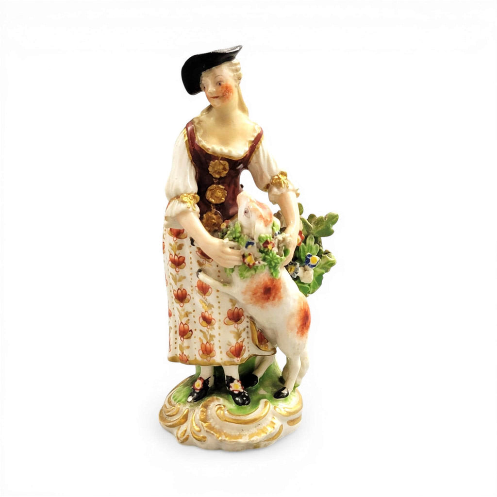 Rare Derby porcelain shepherdess with lamb figure c.1756 pale family period