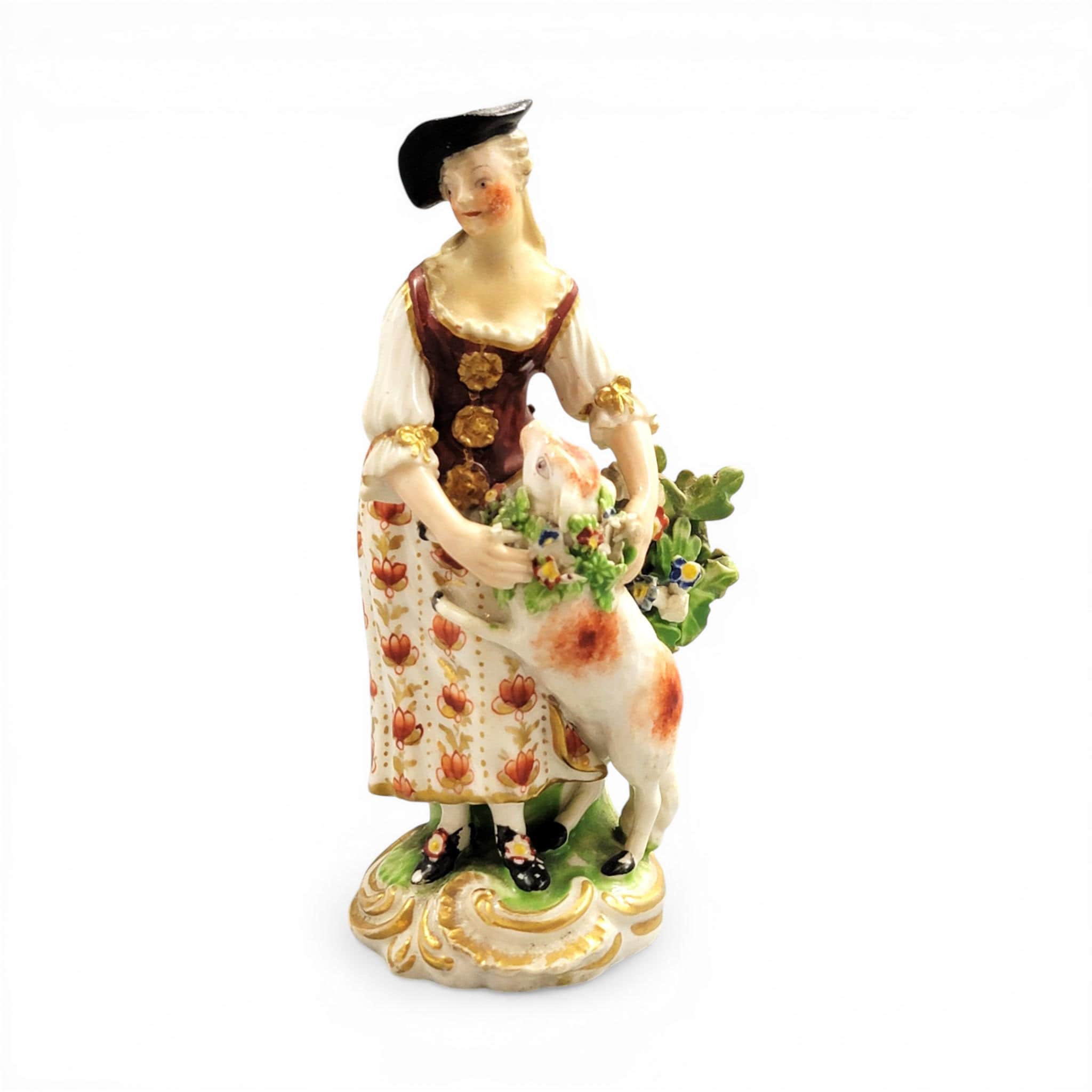 Rare Derby porcelain shepherdess with lamb figure c.1756 pale family period