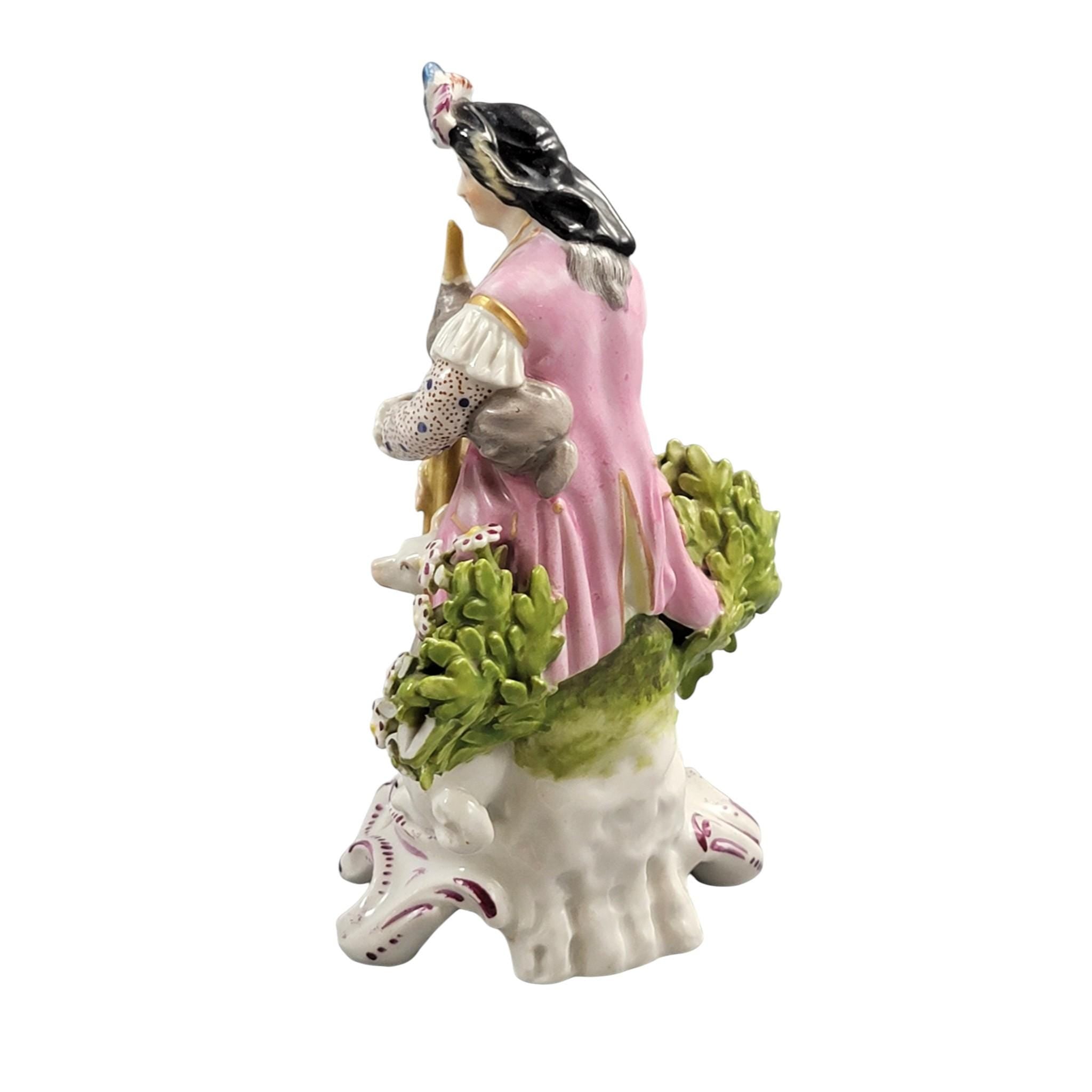 Rare Derby porcelain figure seated bagpiper dog, model 301, c. 1760