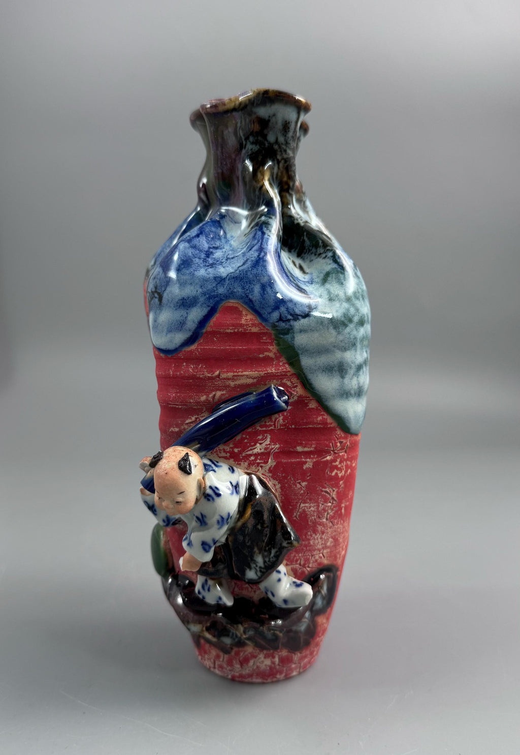 Japanese Sumida Gawa Baluster Vase with Applied Karako Figure, Signed Kōko — Meiji / Early Taisho Period