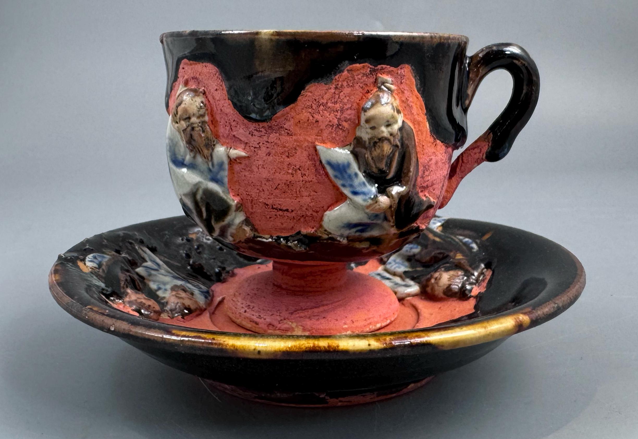 Japanese Sumida Gawa Cup and Saucer with Applied Sage Figures, Attributed to Ishiguro Kōko — Meiji / Early Taishō Period