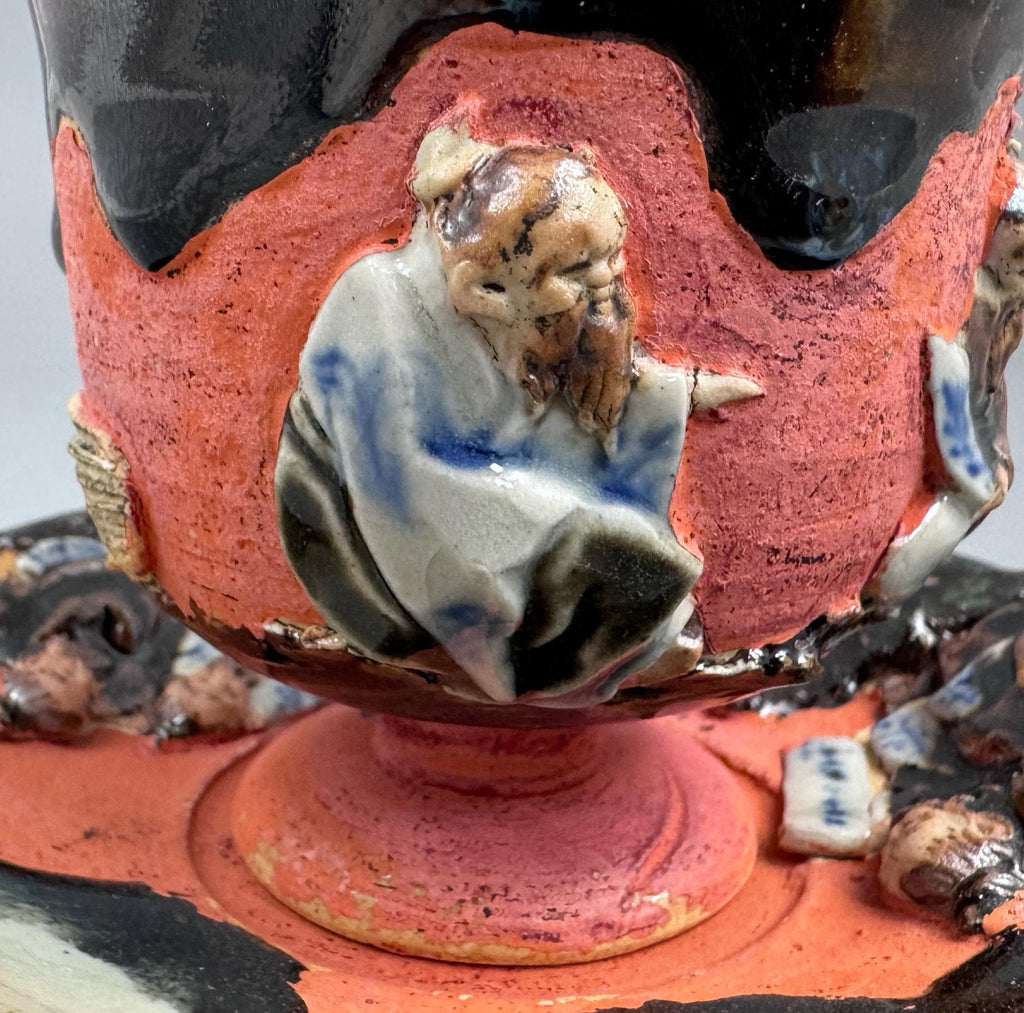 Japanese Sumida Gawa Cup and Saucer with Applied Sage Figures, Attributed to Ishiguro Kōko — Meiji / Early Taishō Period