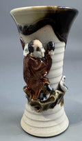 Sumida Gawa Stoneware Vase with Applied Rakan Figure, Signed Ryōsai, Meiji–Taishō Period