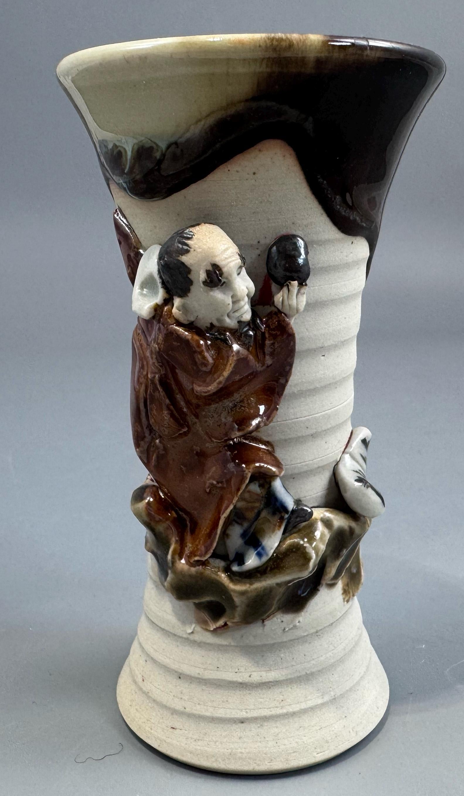 Sumida Gawa Stoneware Vase with Applied Rakan Figure, Signed Ryōsai, Meiji–Taishō Period