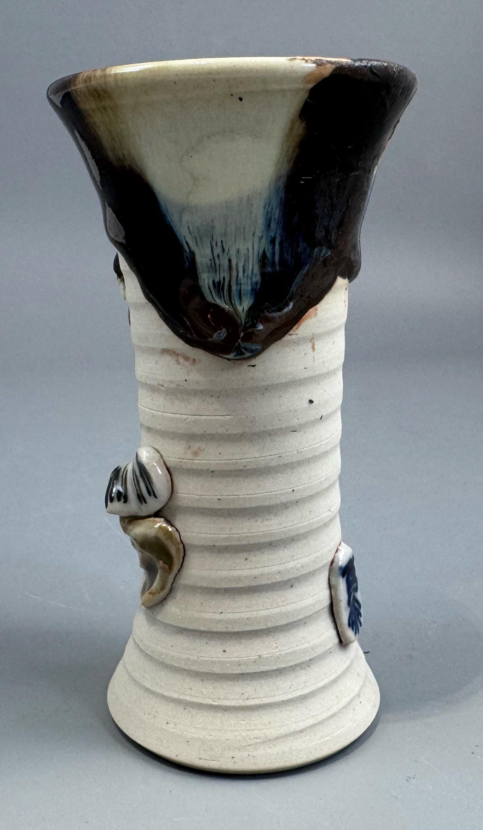 Sumida Gawa Stoneware Vase with Applied Rakan Figure, Signed Ryōsai, Meiji–Taishō Period