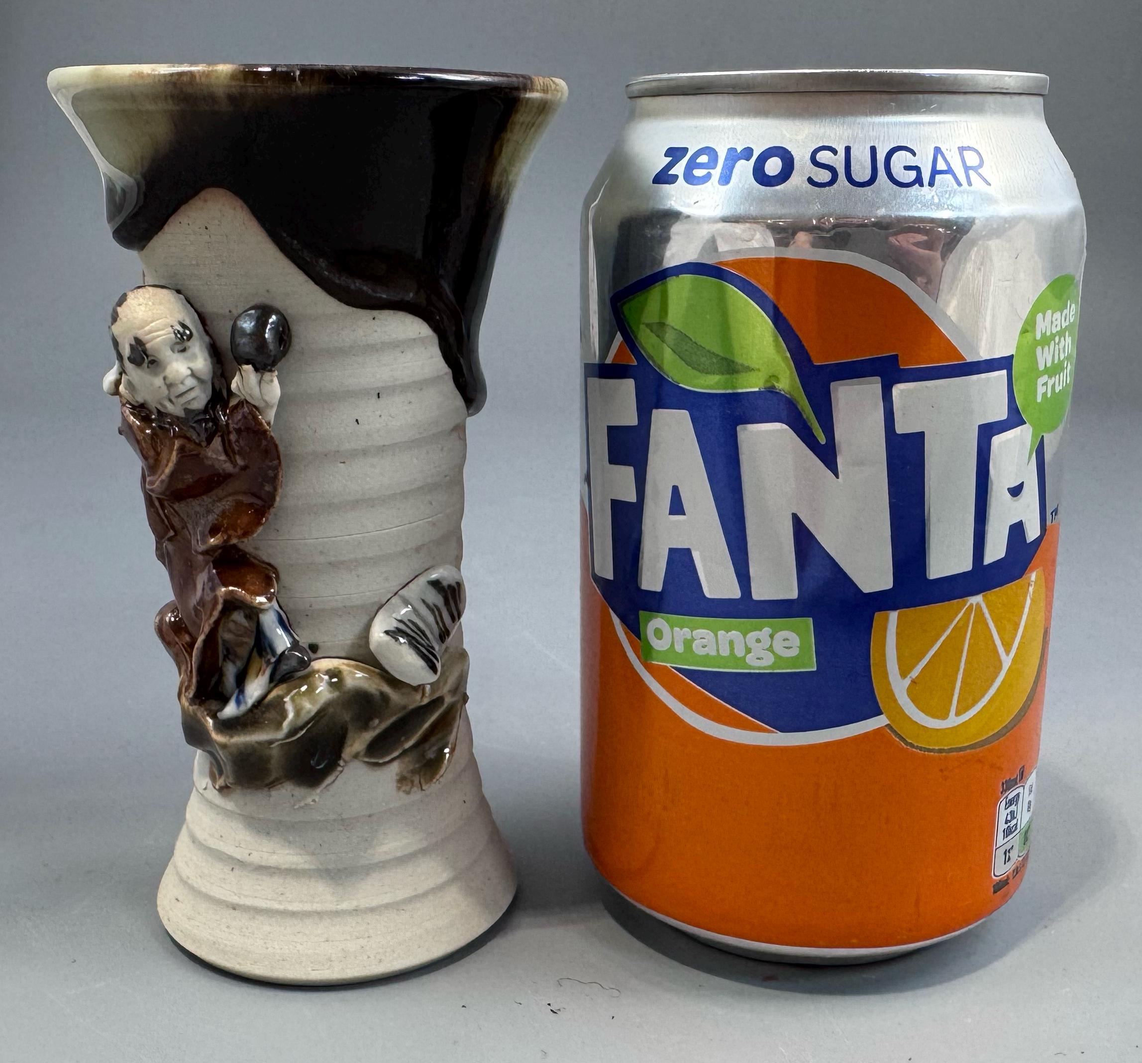 Sumida Gawa Stoneware Vase with Applied Rakan Figure, Signed Ryōsai, Meiji–Taishō Period