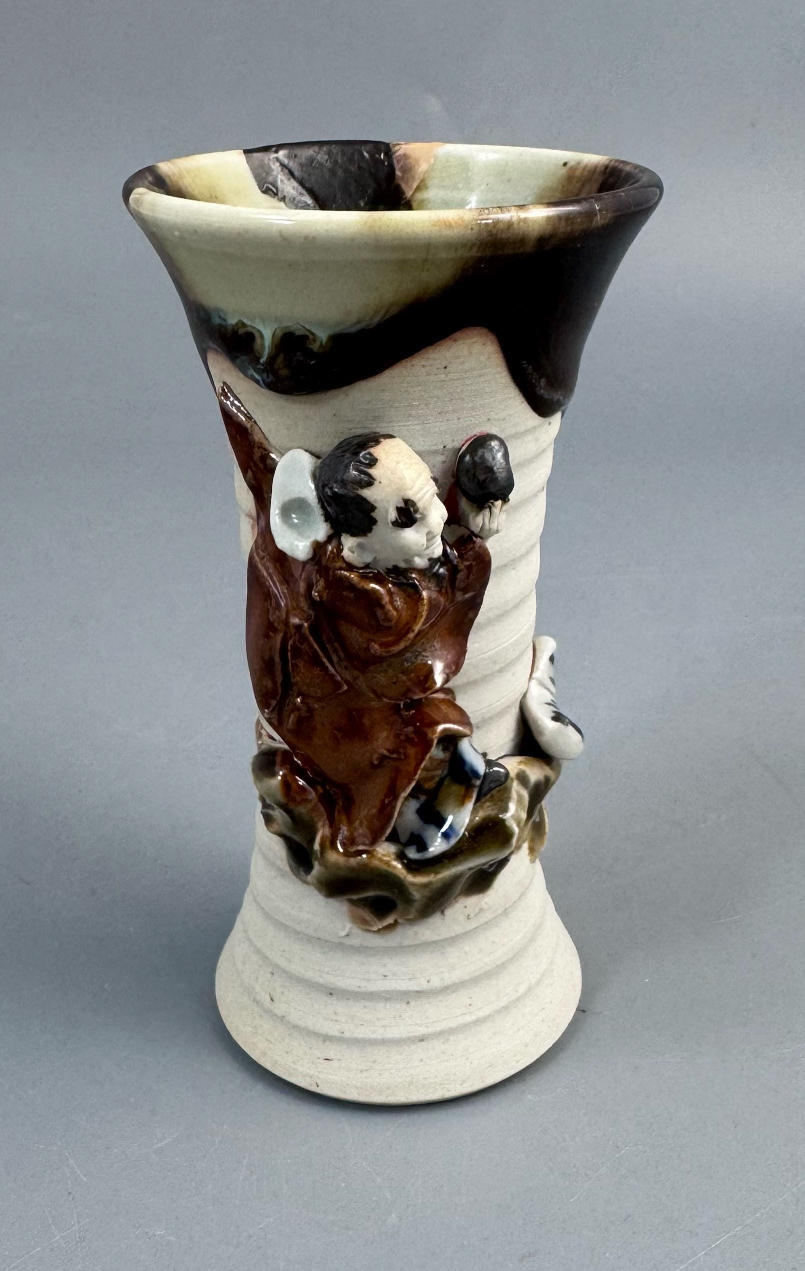Sumida Gawa Stoneware Vase with Applied Rakan Figure, Signed Ryōsai, Meiji–Taishō Period