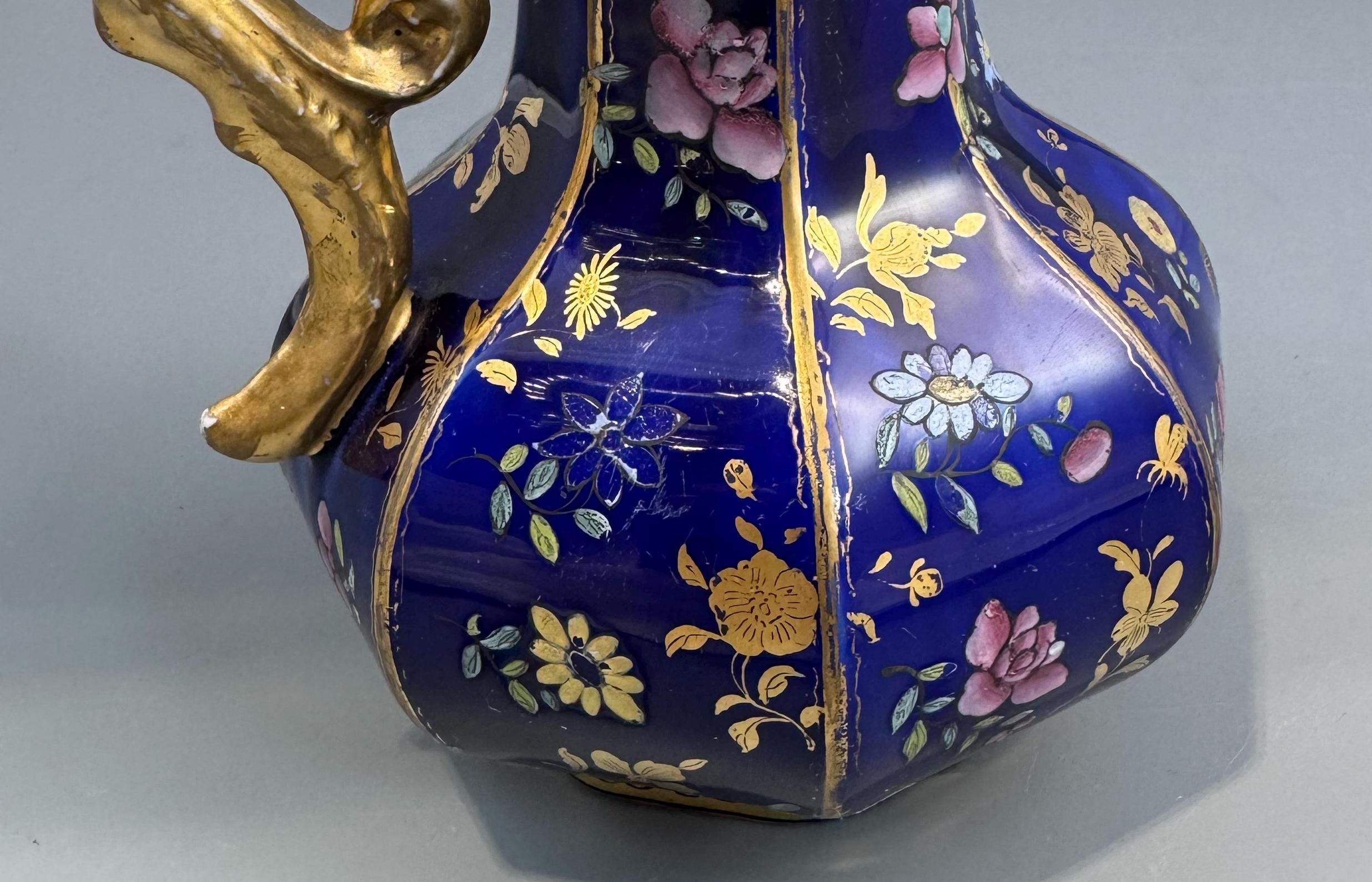 Mason's Ironstone Chinoiserie Ewer with Grotesque Handle, Cobalt Blue Ground, Early to Mid-19th Century