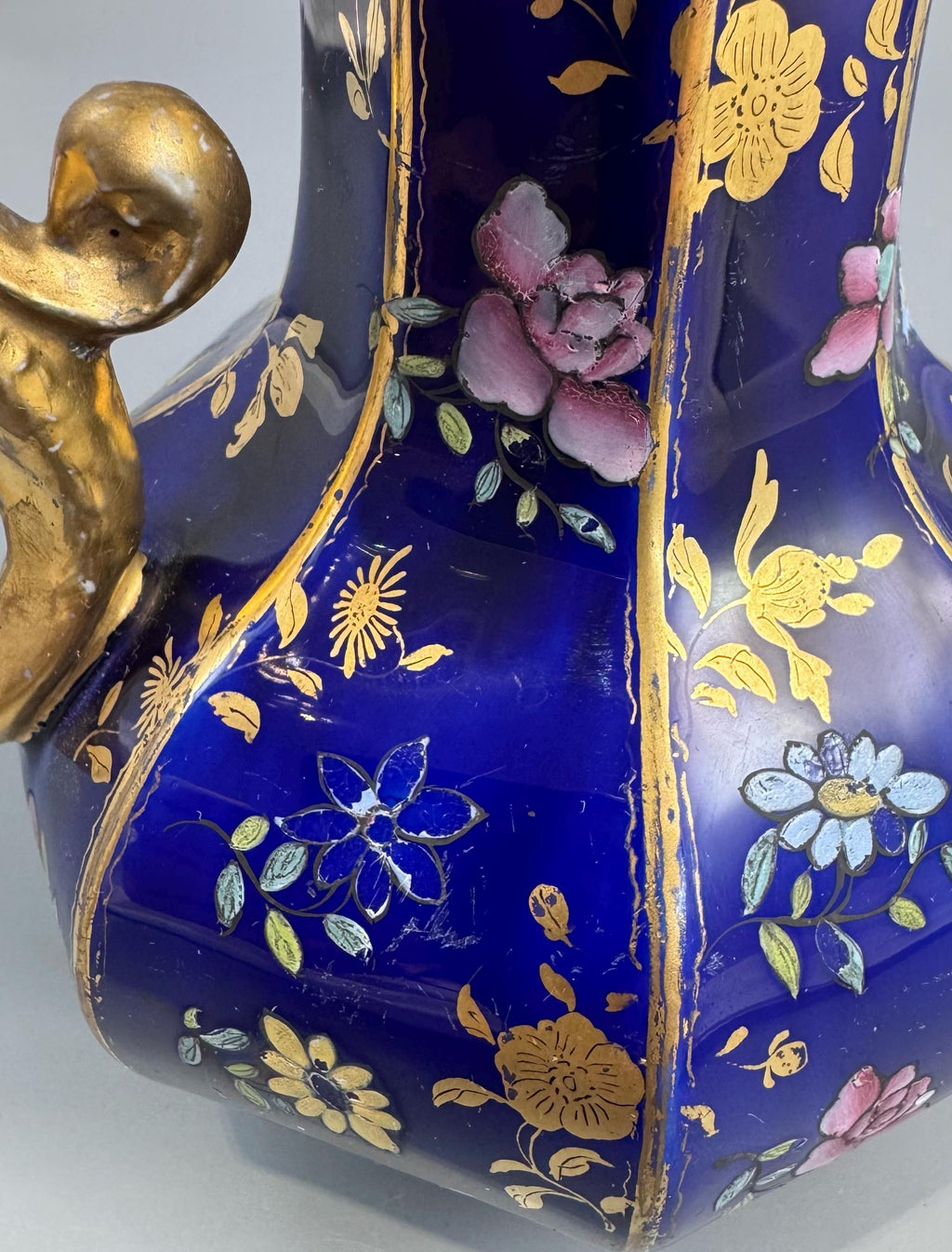 Mason's Ironstone Chinoiserie Ewer with Grotesque Handle, Cobalt Blue Ground, Early to Mid-19th Century