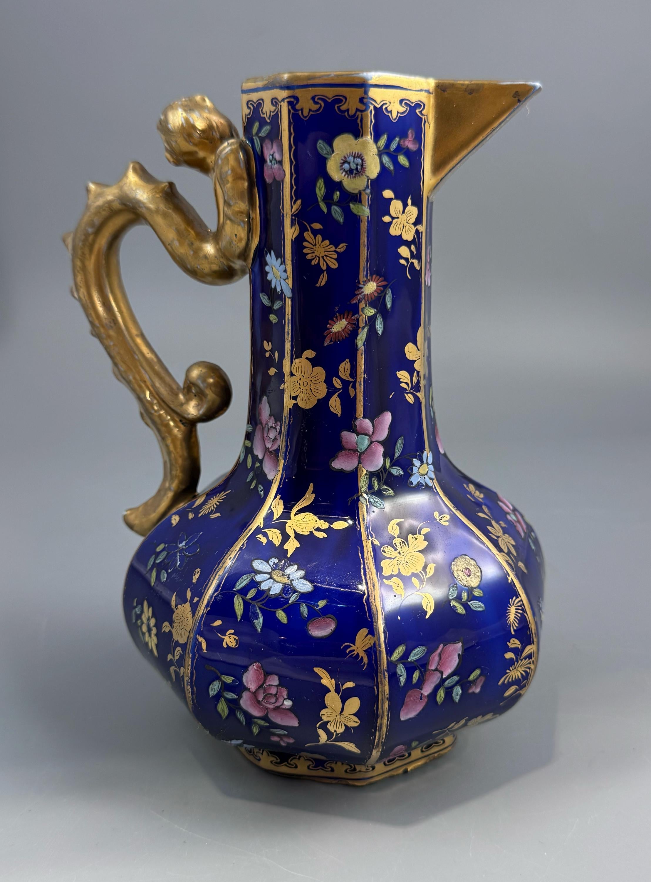 Mason's Ironstone Chinoiserie Ewer with Grotesque Handle, Cobalt Blue Ground, Early to Mid-19th Century