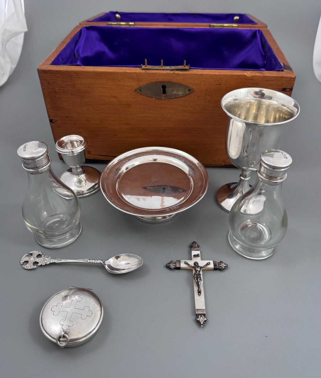 Scottish Presbyterian Portable Communion Set, Sterling Silver, Fitted Pine Case