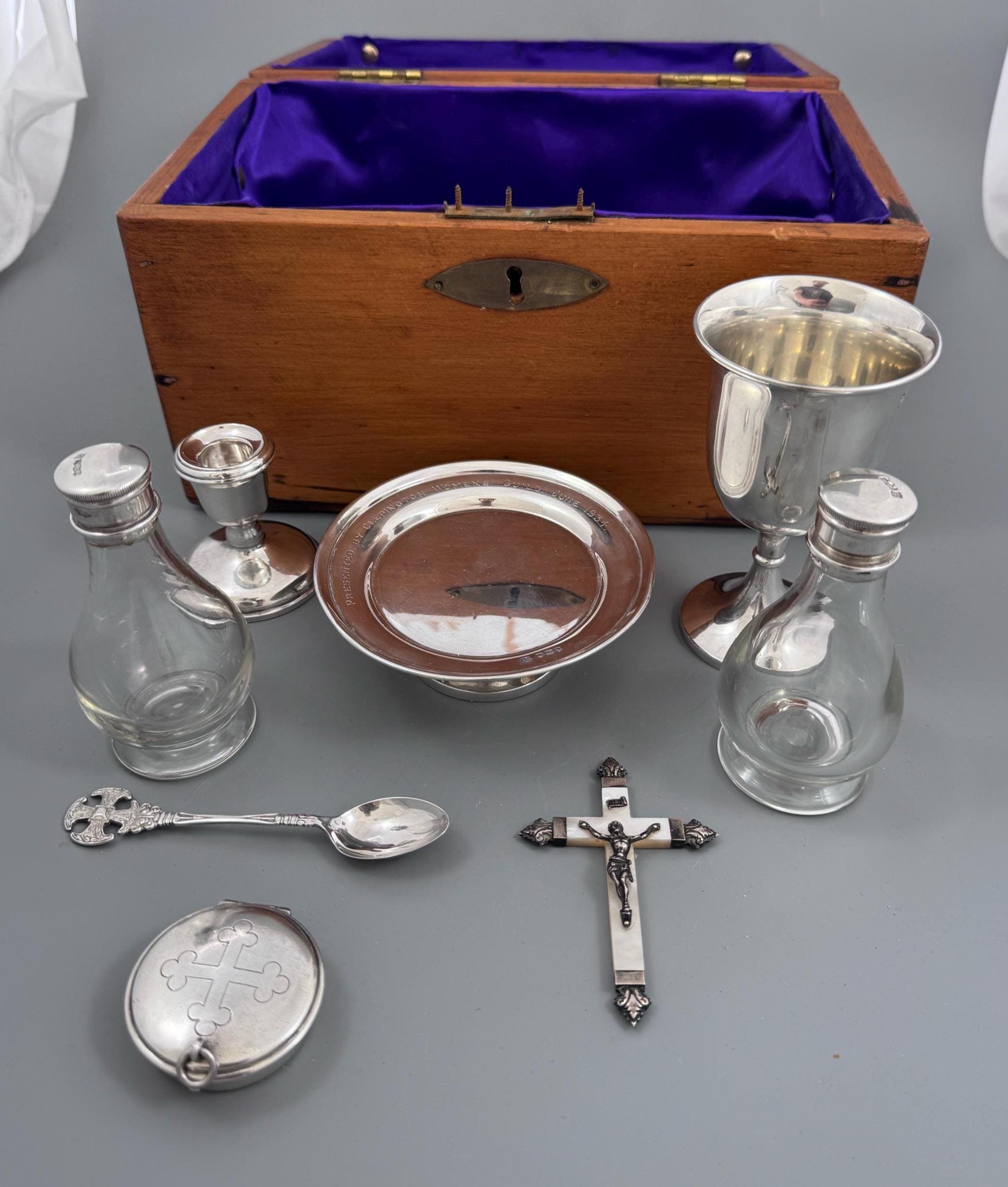 Scottish Presbyterian Portable Communion Set, Sterling Silver, Fitted Pine Case