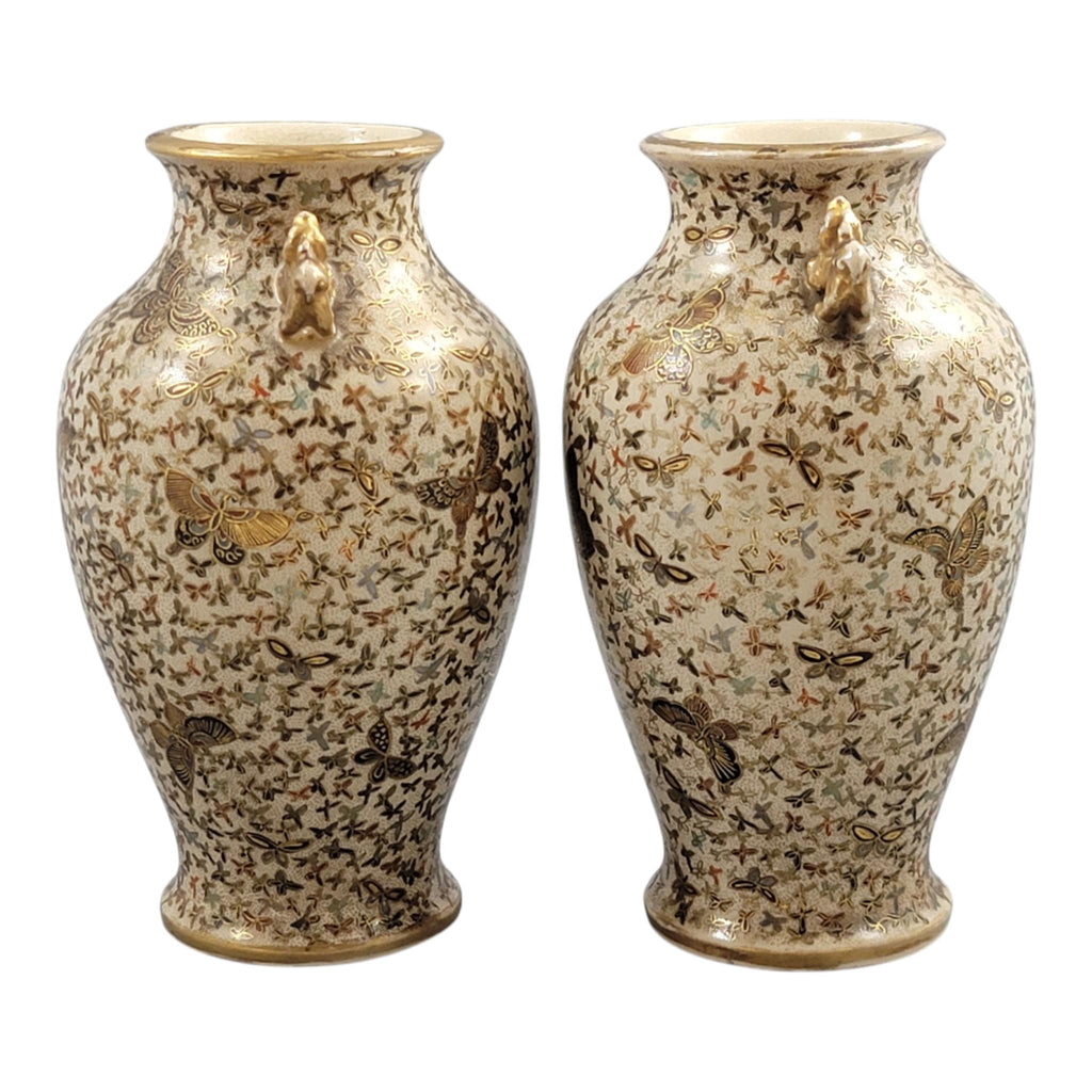 Pair Japanese Satsuma Thousand Butterflies Vases, Signed Kinzan, Meiji Period