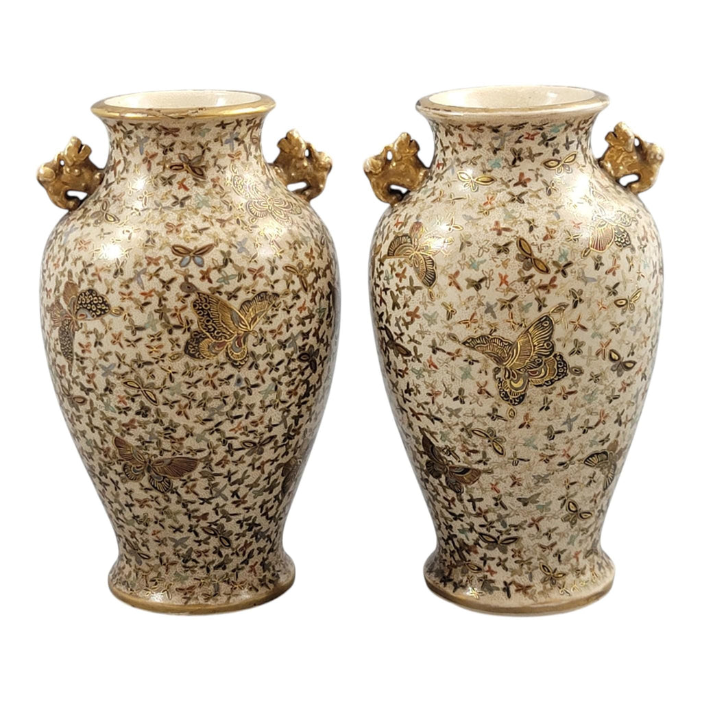 Pair Japanese Satsuma Thousand Butterflies Vases, Signed Kinzan, Meiji Period