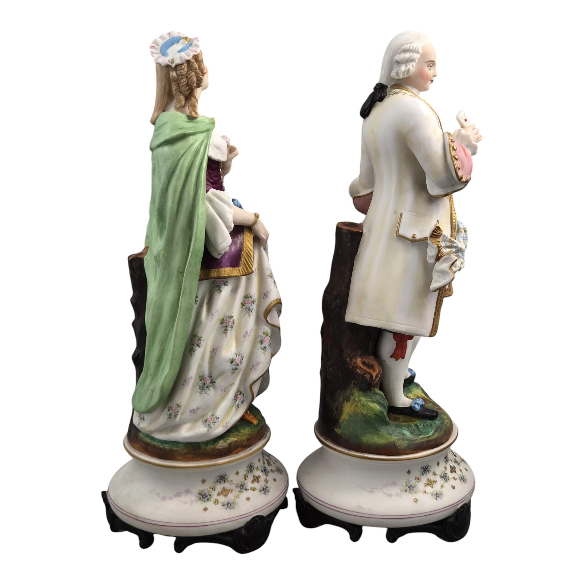 Rare Letu & Mauger Paris large romantic biscuit porcelain figures pair c1860s