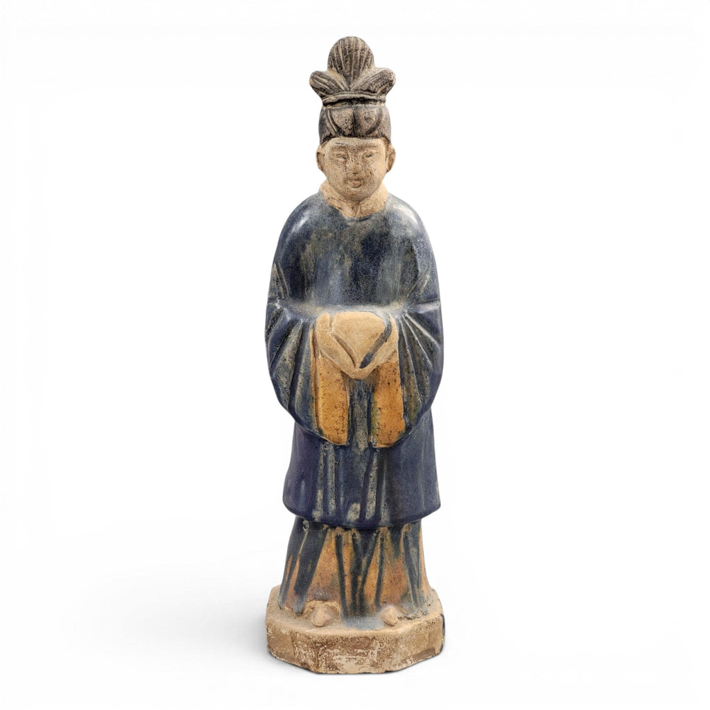 Chinese Tang sancai glazed funerary figure, court attendant, c. 7th–8th