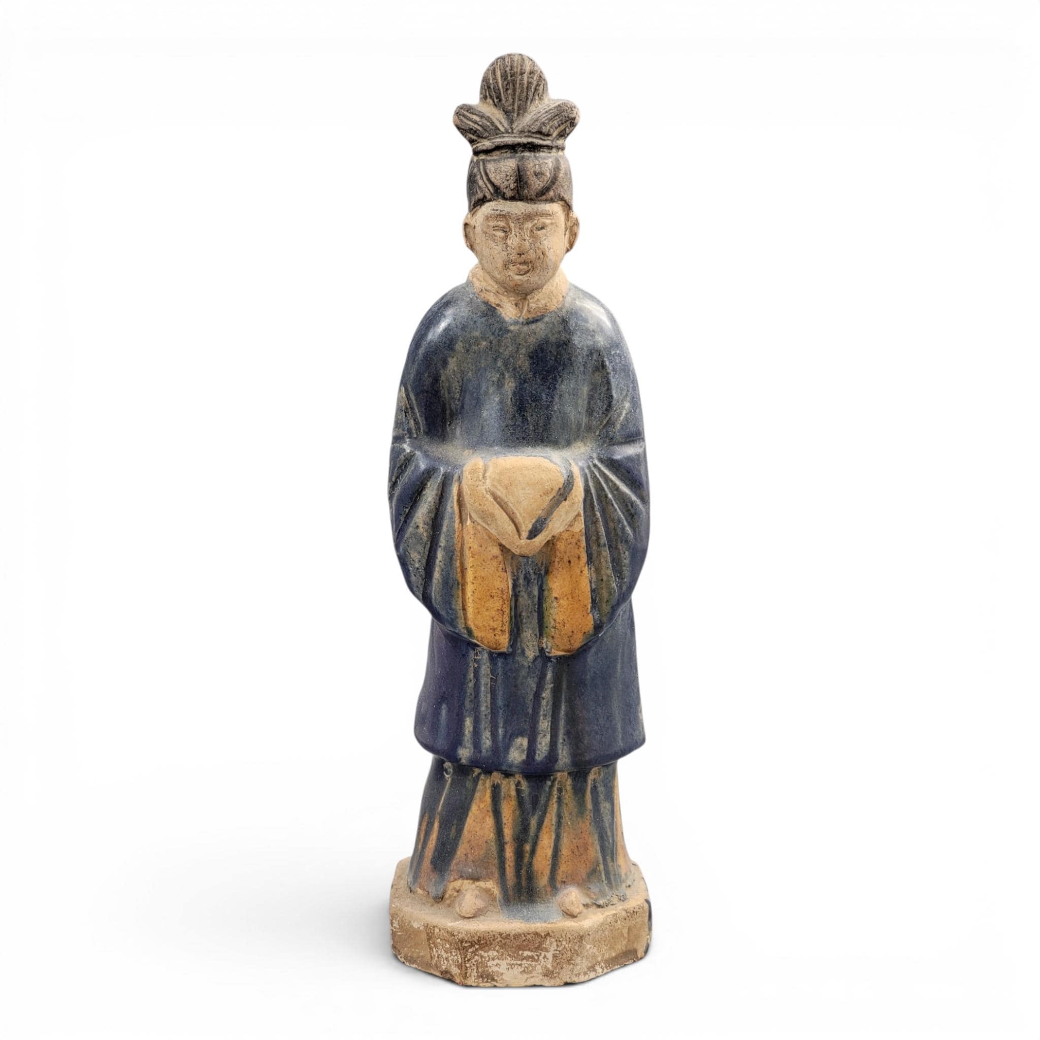 Chinese Tang sancai glazed funerary figure, court attendant, c. 7th–8th