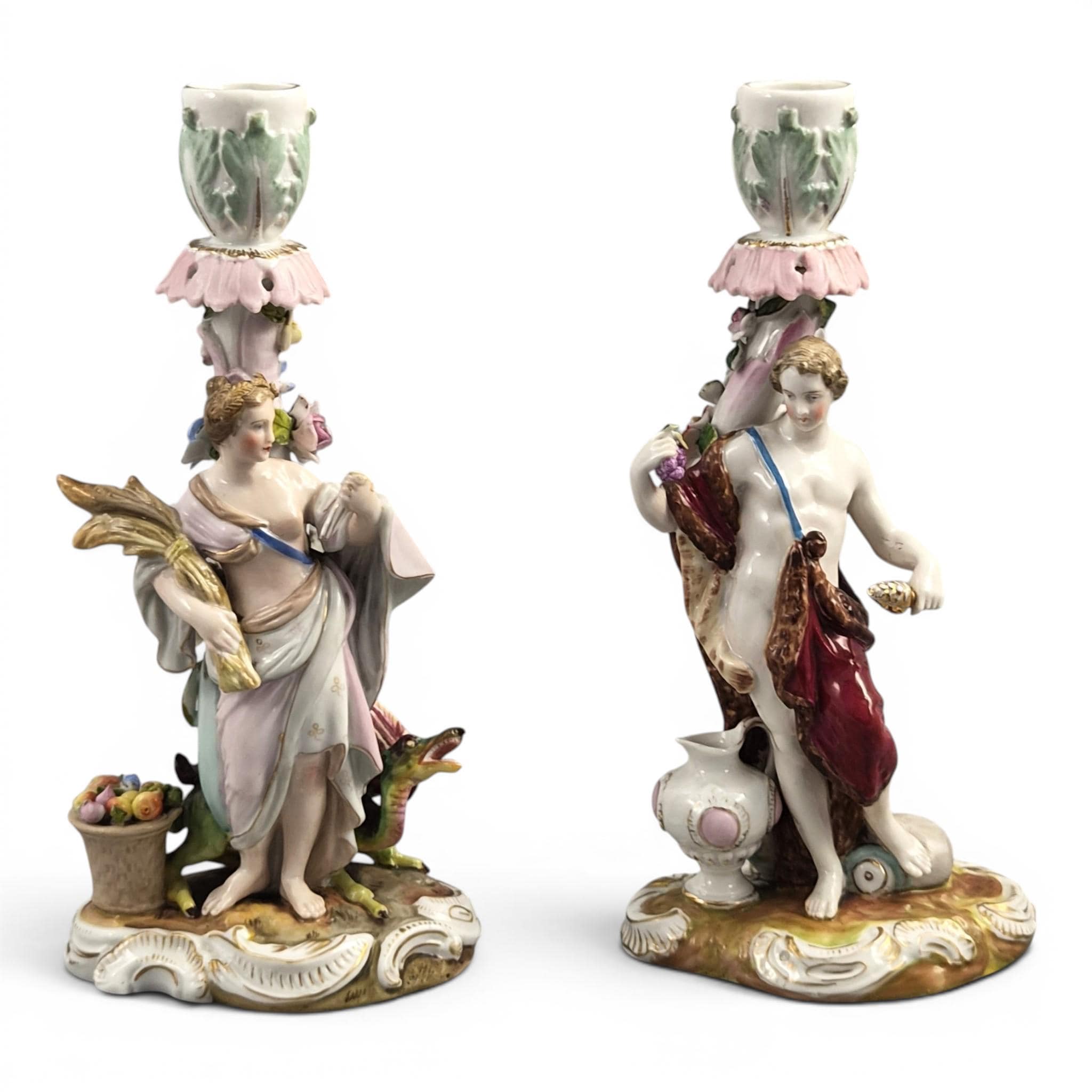 Volkstedt Allegorical Porcelain Candlesticks Summer & Autumn c.1895