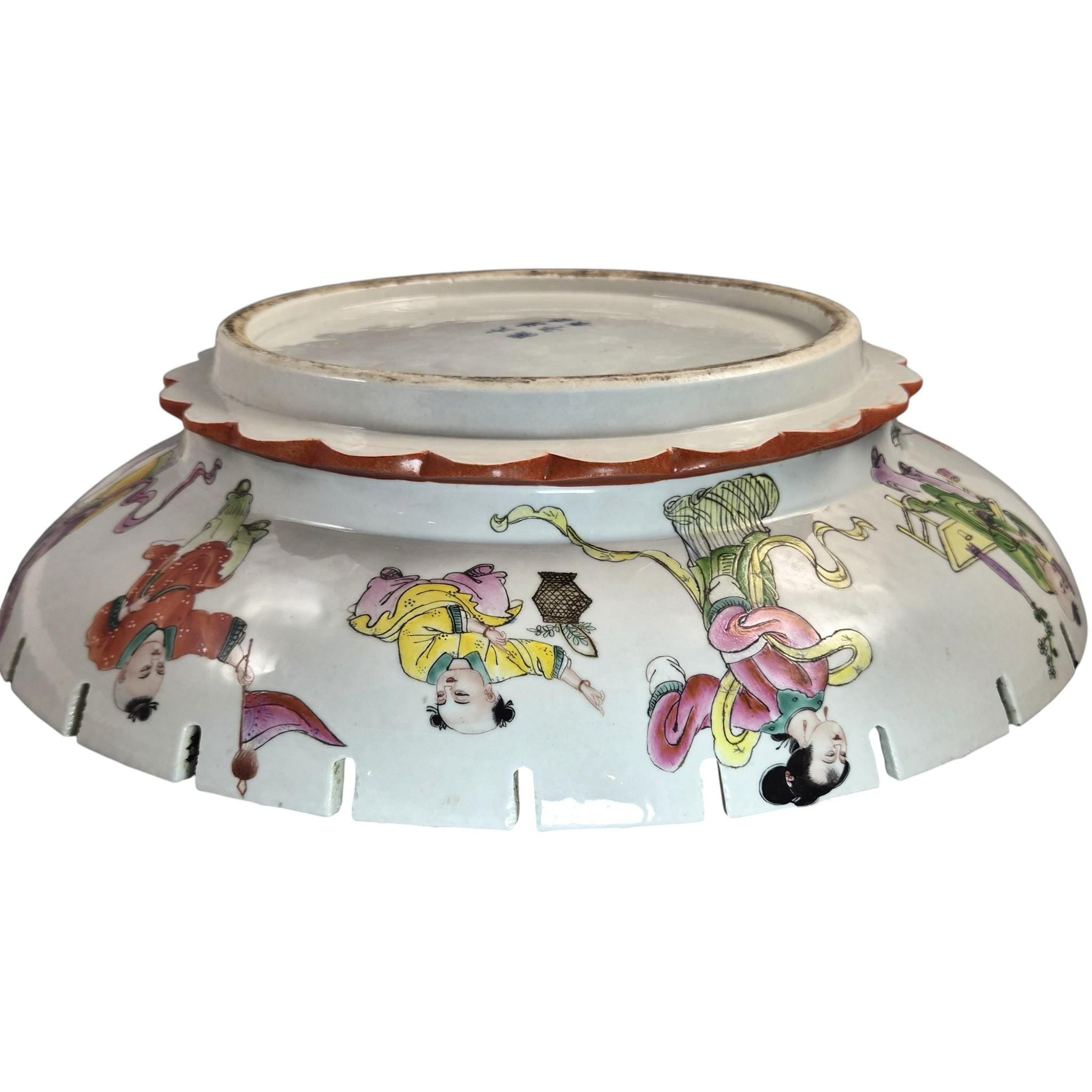 Rare Large Chinese Famille Rose Castellated Porcelain Bowl, c.1880